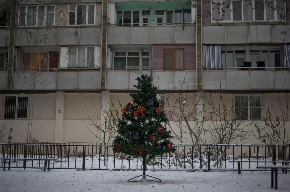 Apartment housing in Yerevan at Christmas time. Photo credit Nazik Armenakian on assignment for the Armenian Redwood Project.