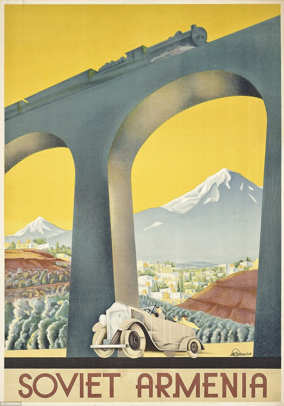 Classic Soviet ARMENIA Intourist vintage poster by Sergey Igumnov, is believed to have been commissioned in 1936. Intourist rightfully understood that the prevailing European artistic trend of Art Deco design would be more appealing to potential tourists than Social Realism. "The image of Soviet Armenia communicated here is a glamorous and varied one. The train and the car in the foreground boast the advanced modern machinery of the period, and the high railway bridge is an example of Soviet engineering skills. The beauty of the country's natural landscape is shown in the background. The poster creates an image of glamorous tourism, and is similar to travel posters produced in western Europe at the time" (Victoria & Albert Museum, vam.ac.uk). This is the English version. Intourist pl. 29 (var), Tourism p. 113, Crouse p. 303 (var), Affiches Art Deco p. 111.