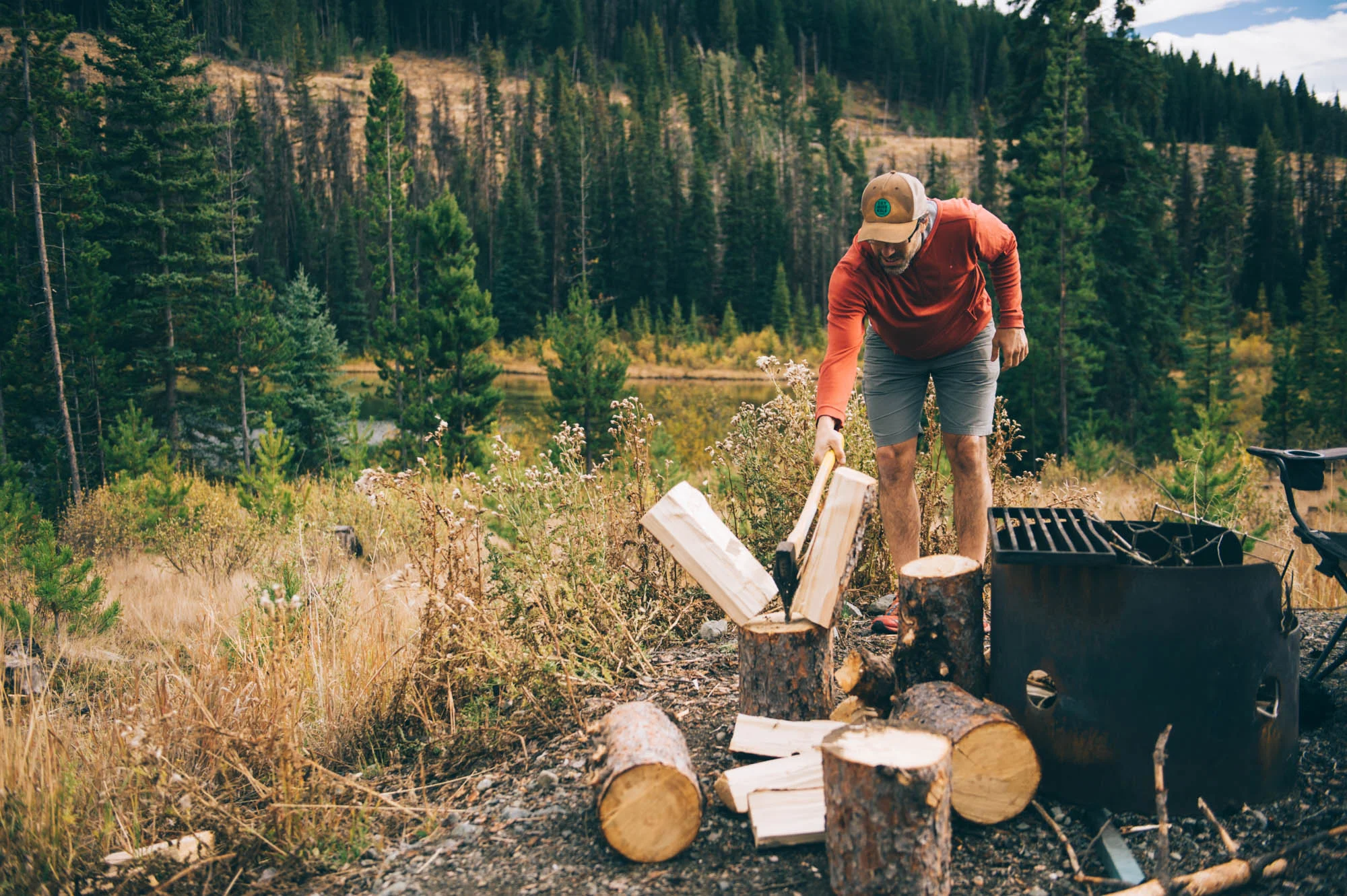 Perfecting his one-handed wood chopping skills