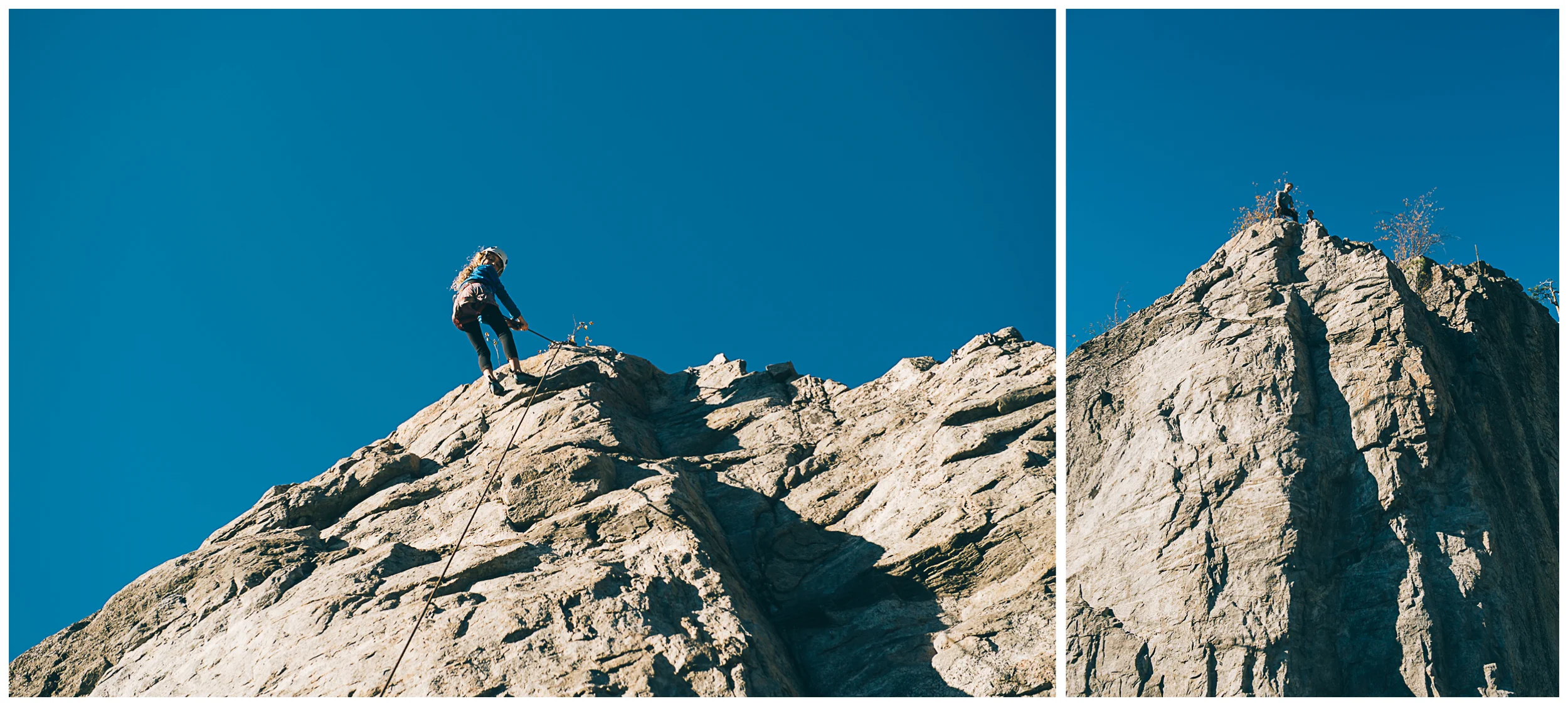 Left: Ellie coming down after having climbed a 5.9. Right: Karl and Jennifer setting up the belay on top of the route.