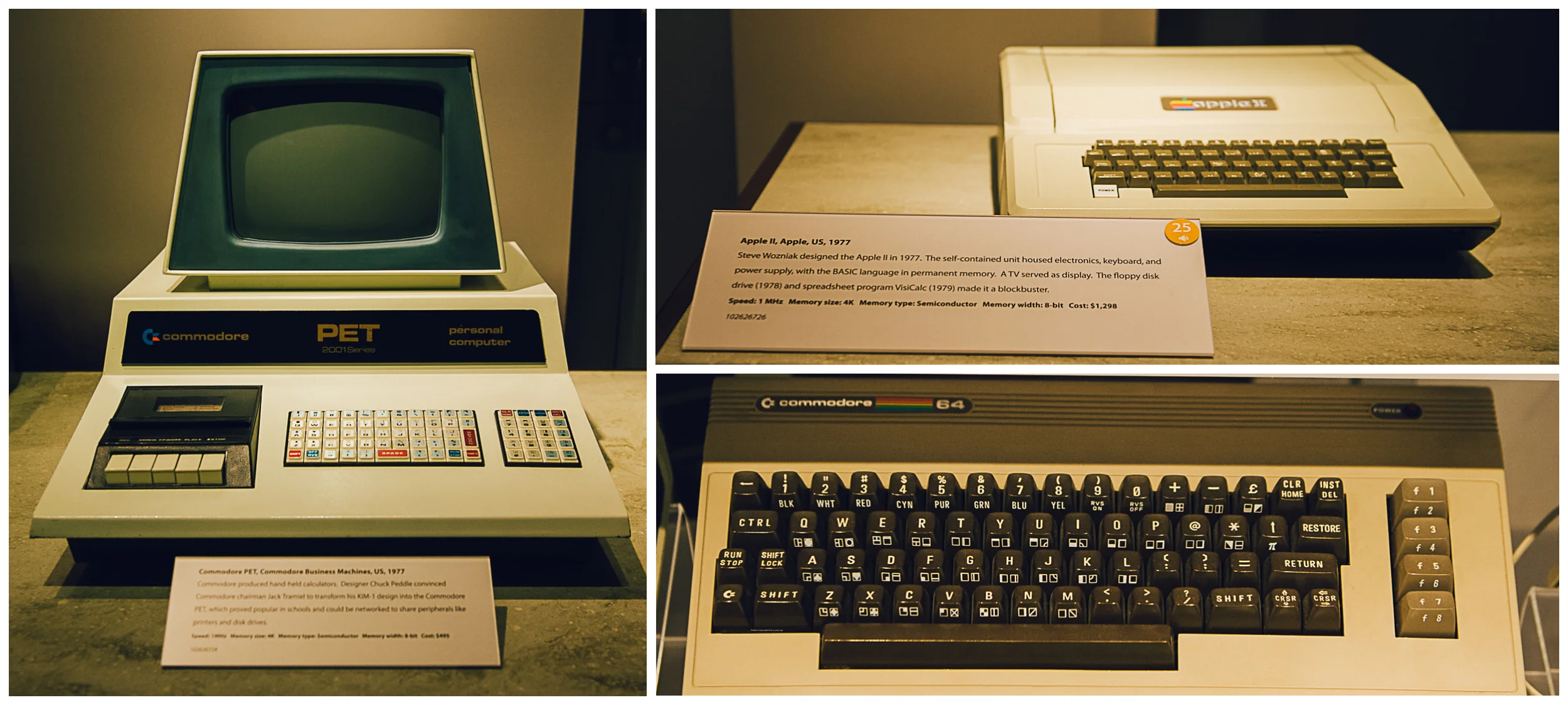 Left: PET the first Commodore with tape! Top right: the first Apple II. Bottom right: my first computer: a Commodore 64.... Hours and hours of video games with my dad!