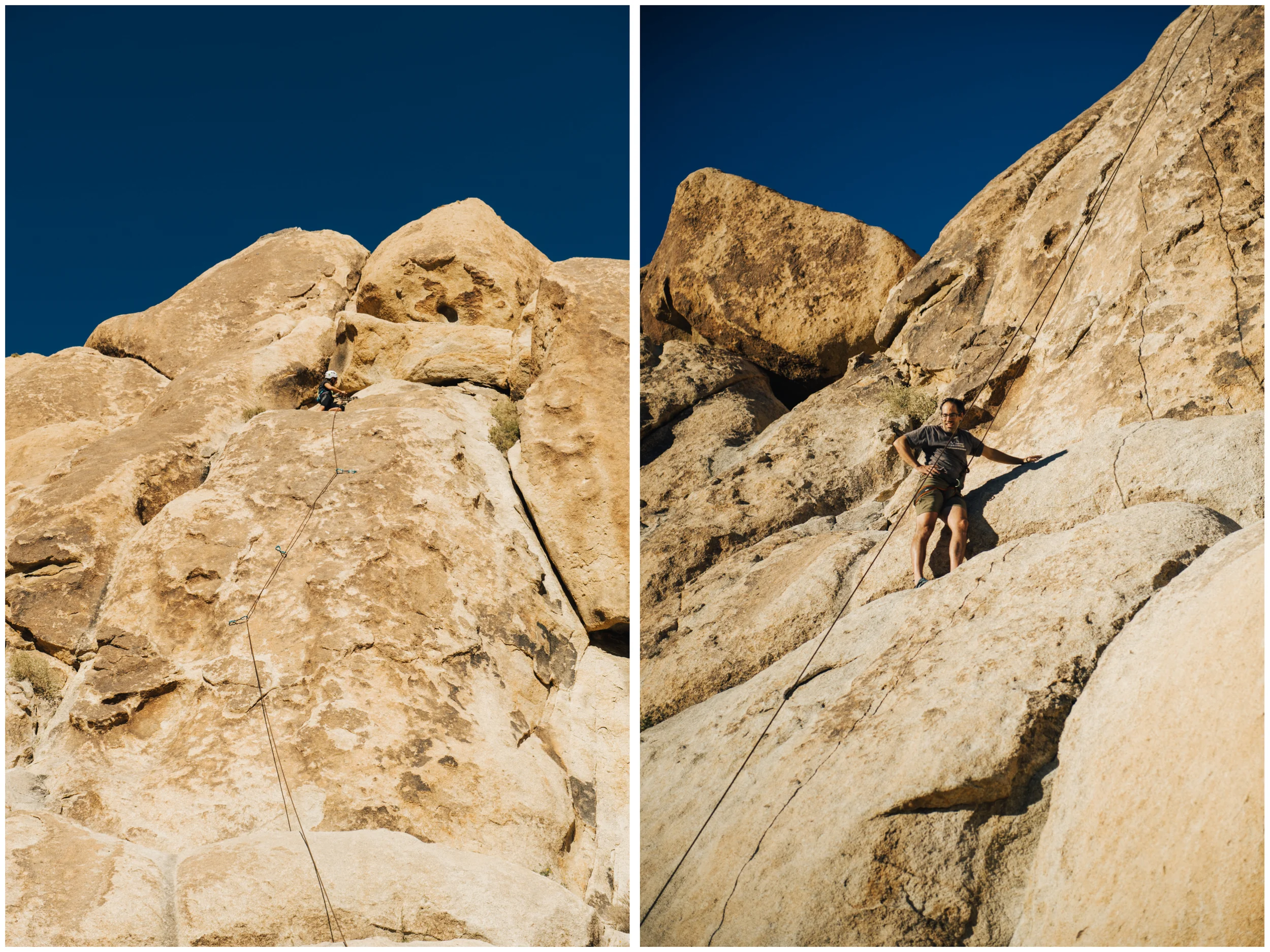 Left: Jennifer leading a crazy 5.7 (called Feminine Itch, obviously named by a dirtbag woman!)... Oh Joshua Tree, you are always so full of surprises (major runouts, missing bolts, etc.)! You never know what you'll find once up there! Right: JF resting after the 5.10c section of this route! He did awesome!
