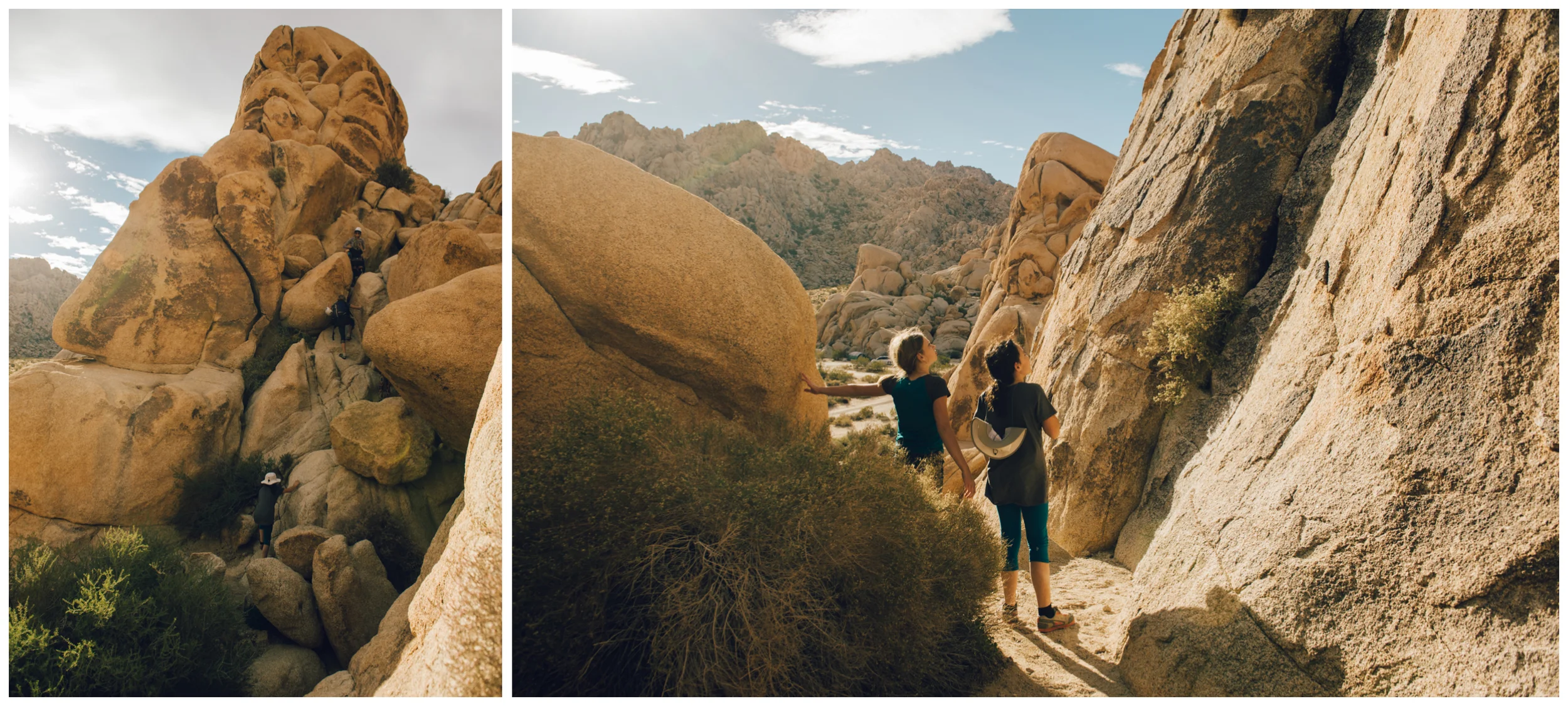 Left: scrambling up to the route. Right: trying to spot all the bolts... not an easy task in Joshua Tree!