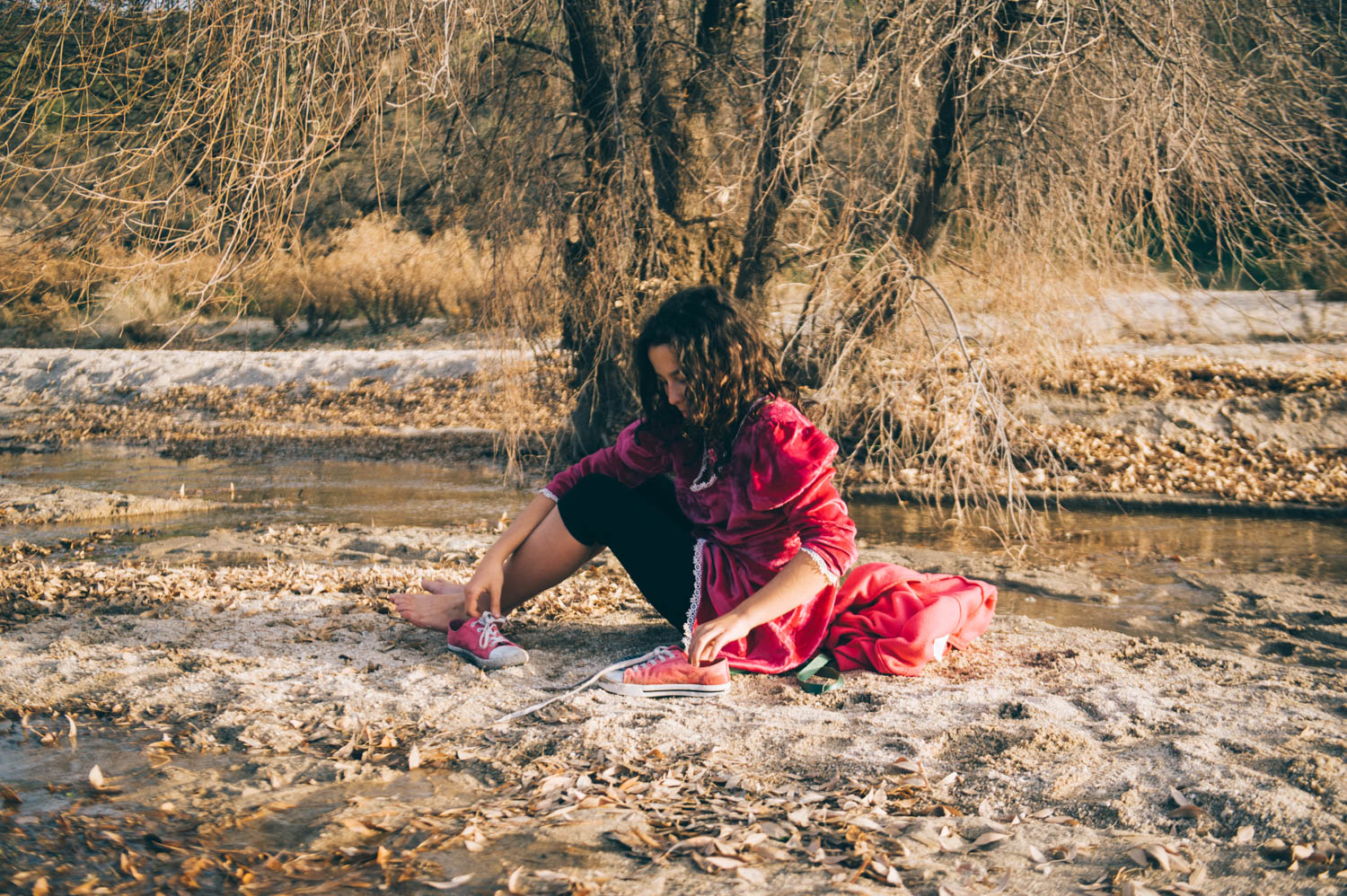 Hiking in a vintage pink velvet dress? Why not.