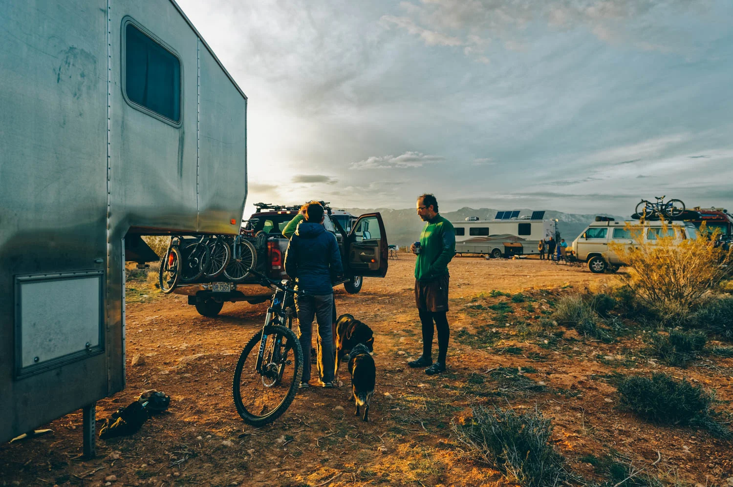 Post-bike ride beer at sunset at camp