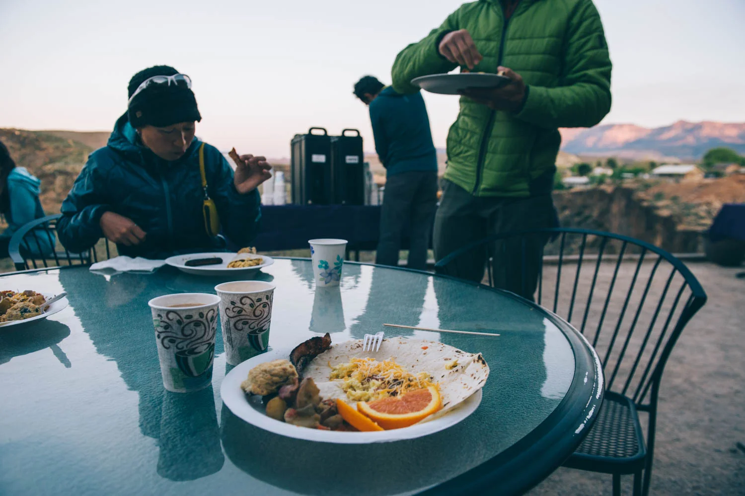 First morning was a delicious breakfast burrito with all the fixings, everything homemade. Second day was blueberry buttermilk pancakes, eggs, ham, sausages, bacon, fruits, you name it! And the coffee was very good too. Oh and look at that view! The sun rose on the mountain as we ate...