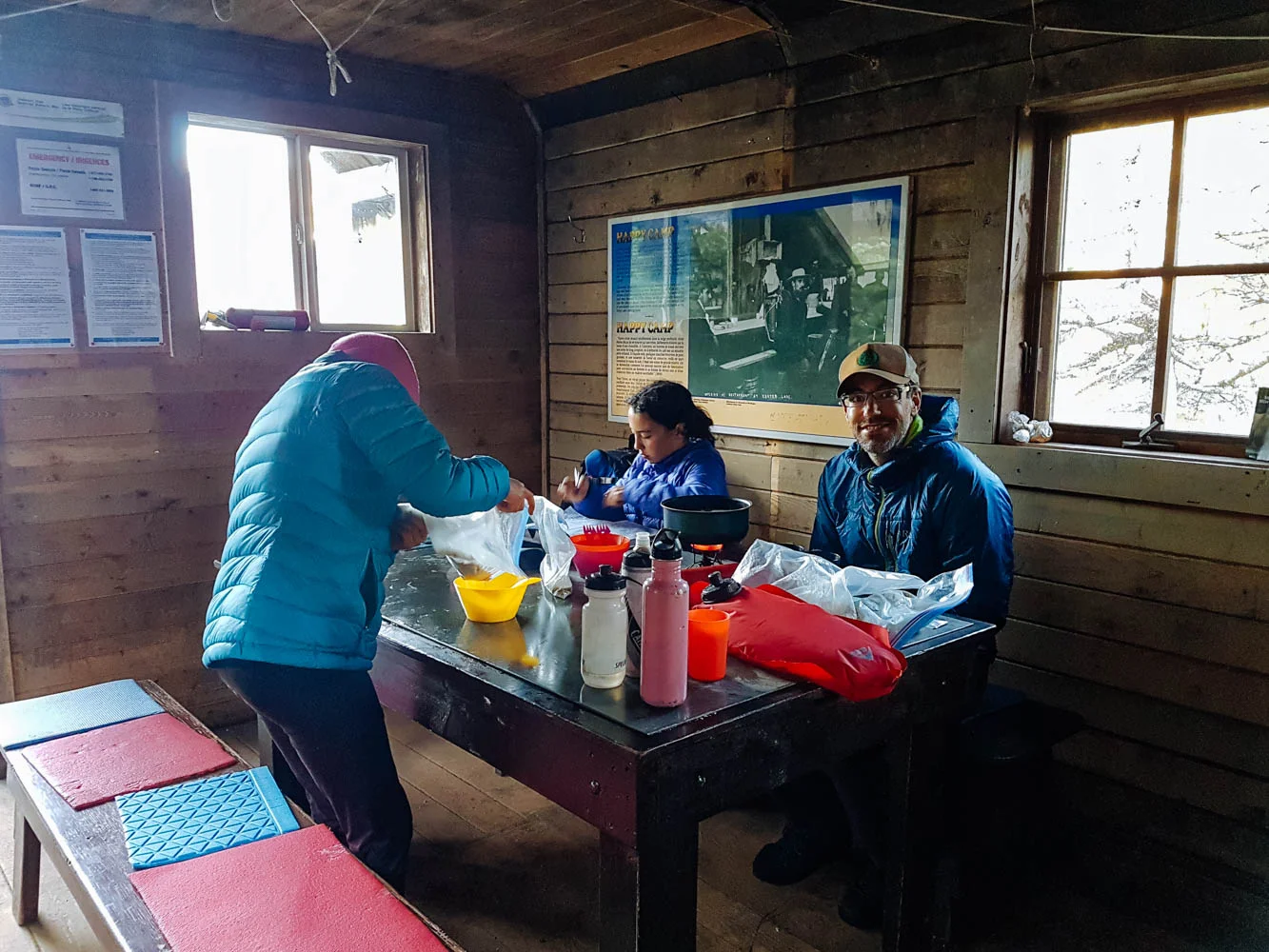 Breakfast inside the Happy Camp cooking shelter.