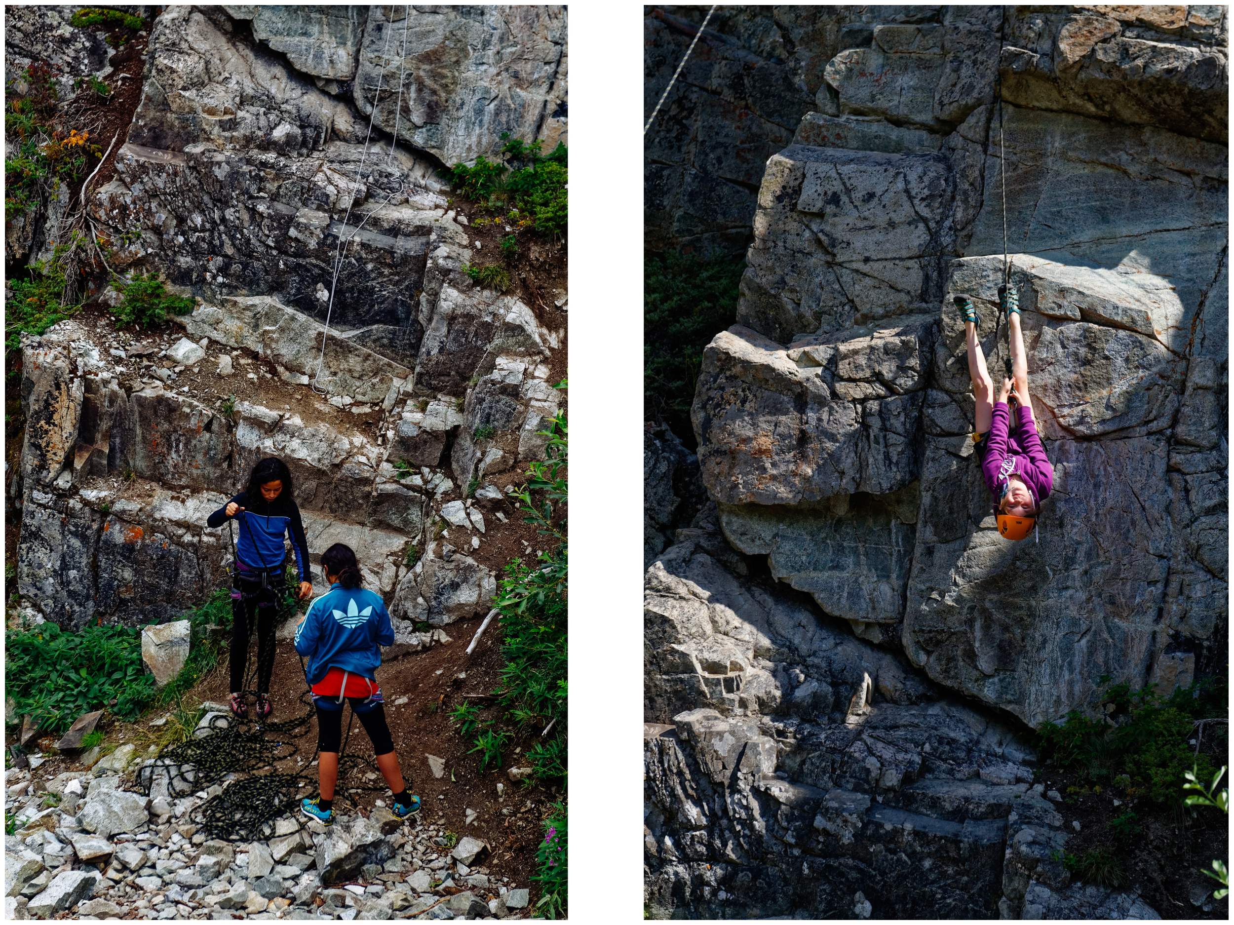 The girls are setting up the routes with me before the camp children arrive at the site. Ava taking the "hanging upside down" challenge.