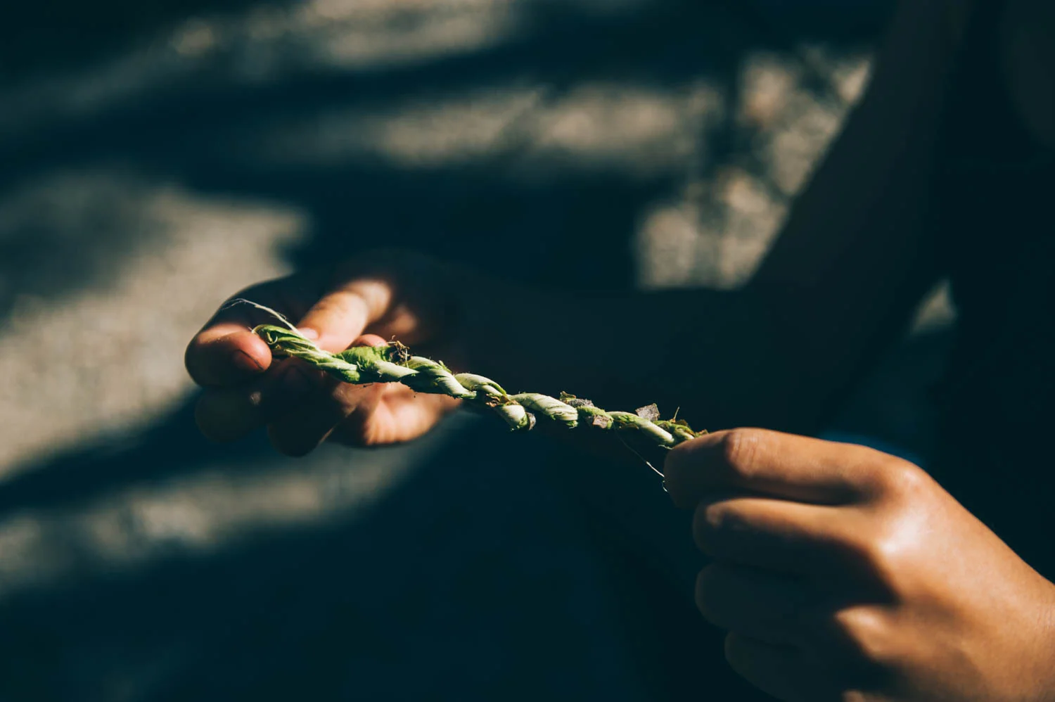 Making willow bark rope.
