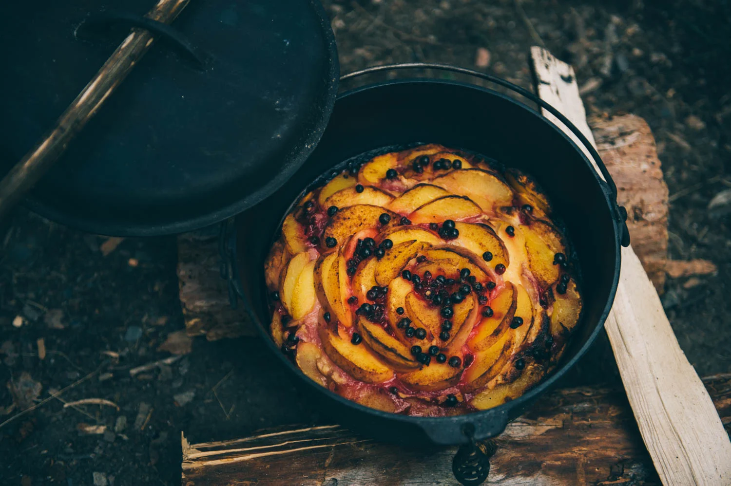 Peach and cranberry cake in the dutch oven