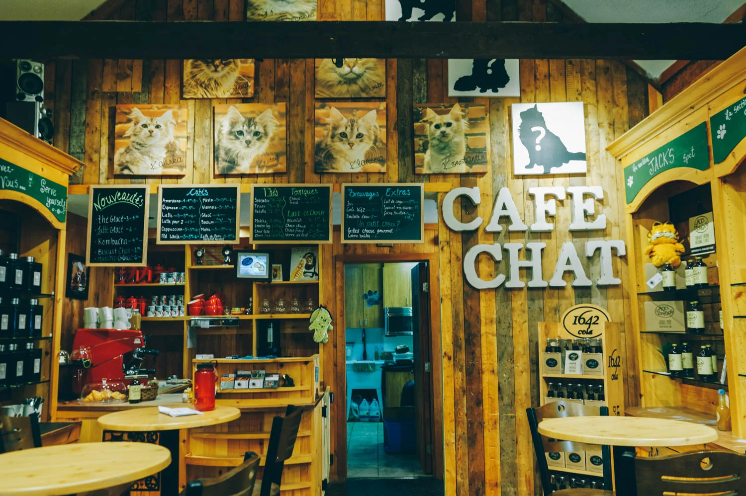 Café du chat Sibérien, Chelsea, is quite the concept. If you are willing to pay for a very expensive coffee, you can sit in a room with Siberian cats roaming over your head (on some funky rope course/cat contraption) or enjoy their company while they sleep by your table in an alcove in the wall. You can't pet them or touch them (or wake them up), unless they come and jump on you!