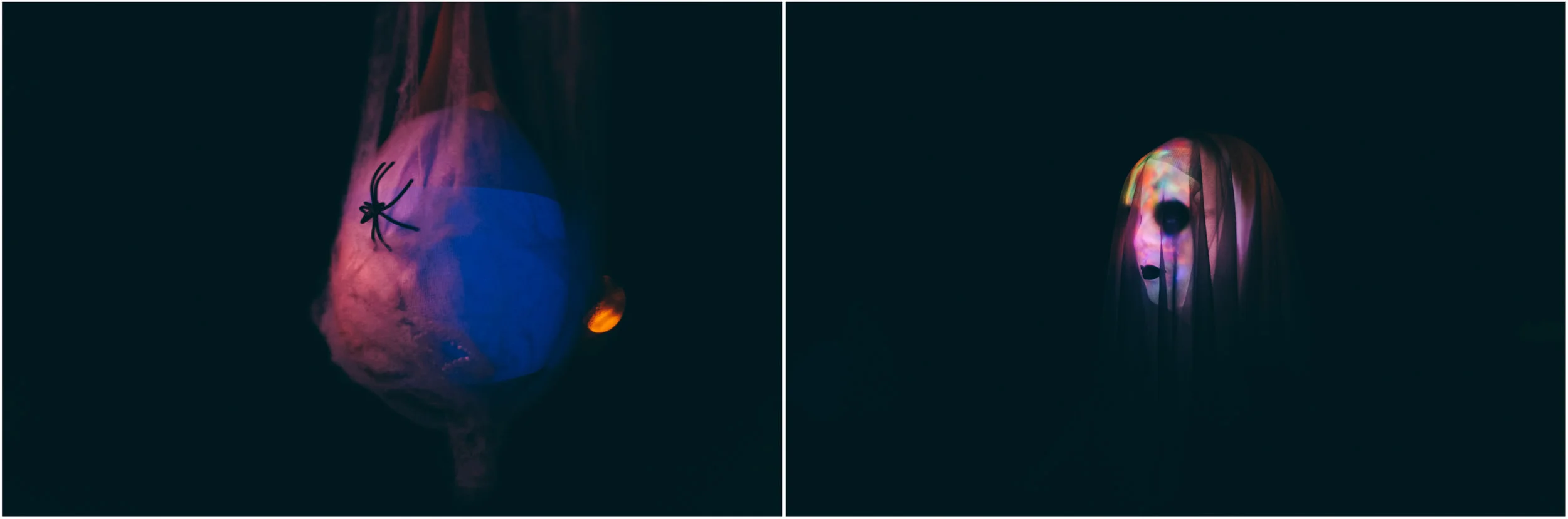 Spider nest made with ballons filled with water and a glow stick.