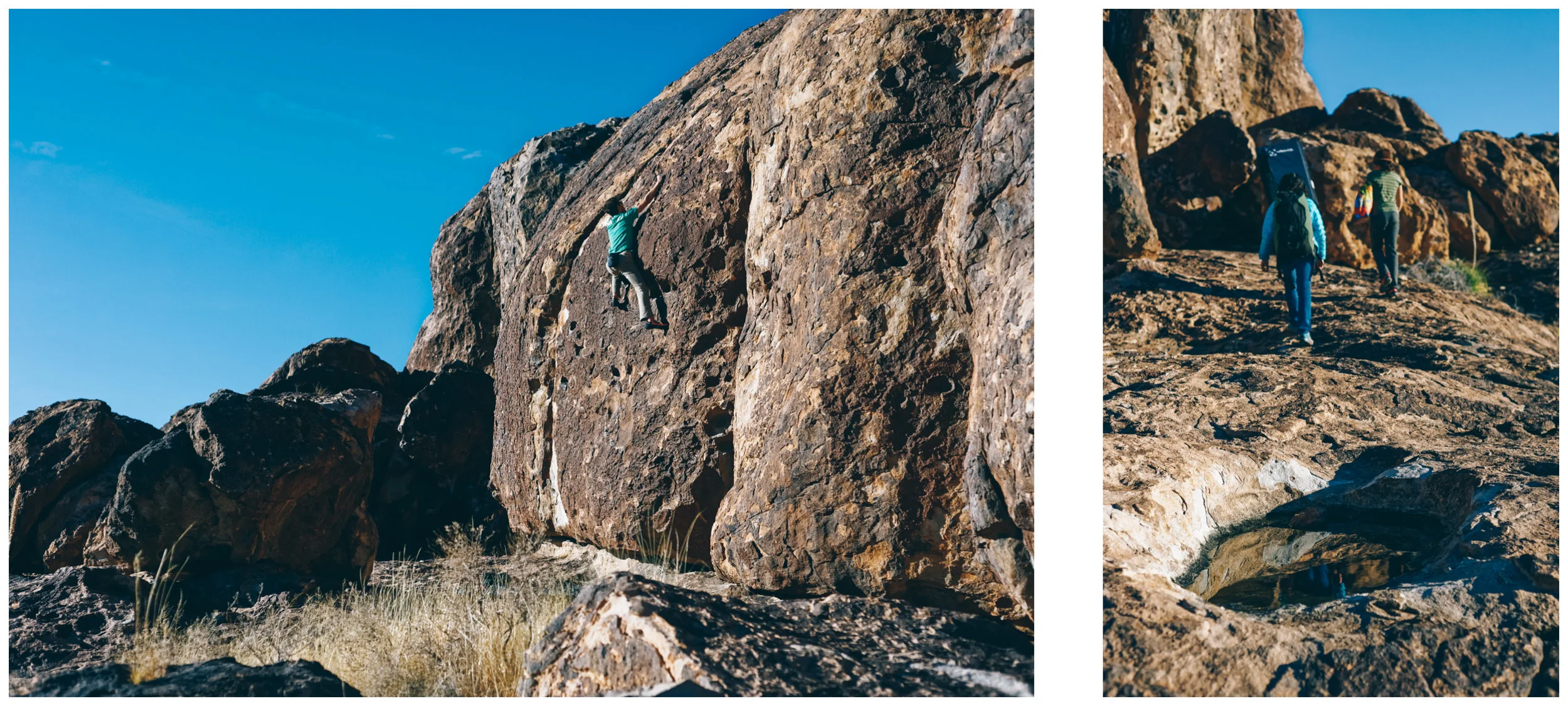 The Small Potatoes area is a popular warm-up spot. To the right, the water-filled hole is what a Hueco is and the reason why this place was so special for Natives (lots of water holding tanks in the desert!).