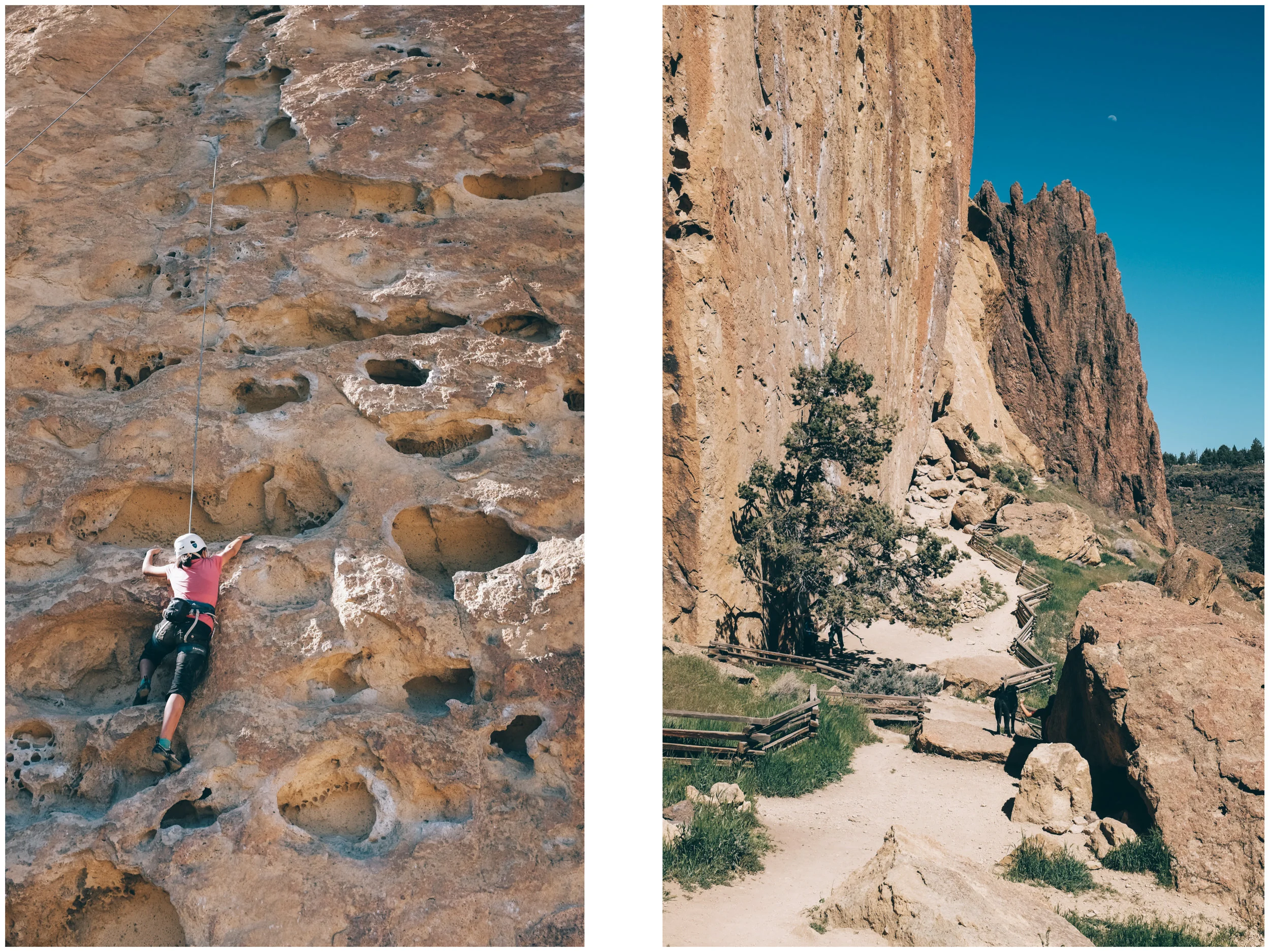 Smith Rock SP totally blew our mind. We were taken aback by how thoughtful and well managed the place is. Twenty years ago, it was pretty much only visited by climbers, in fact the bridge didn’t exist and you had to do a tyrolean across the Crooked River (prior to that you could drive and camp beneath The Monument.) The trail system is great, sustainable and enviro and people friendly. The climbing scene and vibe is great and everyone, climbers and non-climbers, is very friendly. On the left, Mathilde climbing 5 gallon buckets, one of the most popular 5.8s in the park.
