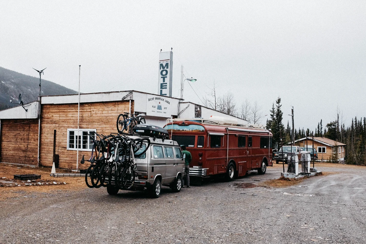 One of many similar gas stations/motels/restaurant along the Alaska Highway. The guy that lives there had grey skin. He says he spends his winters here all by himself. What a life!
