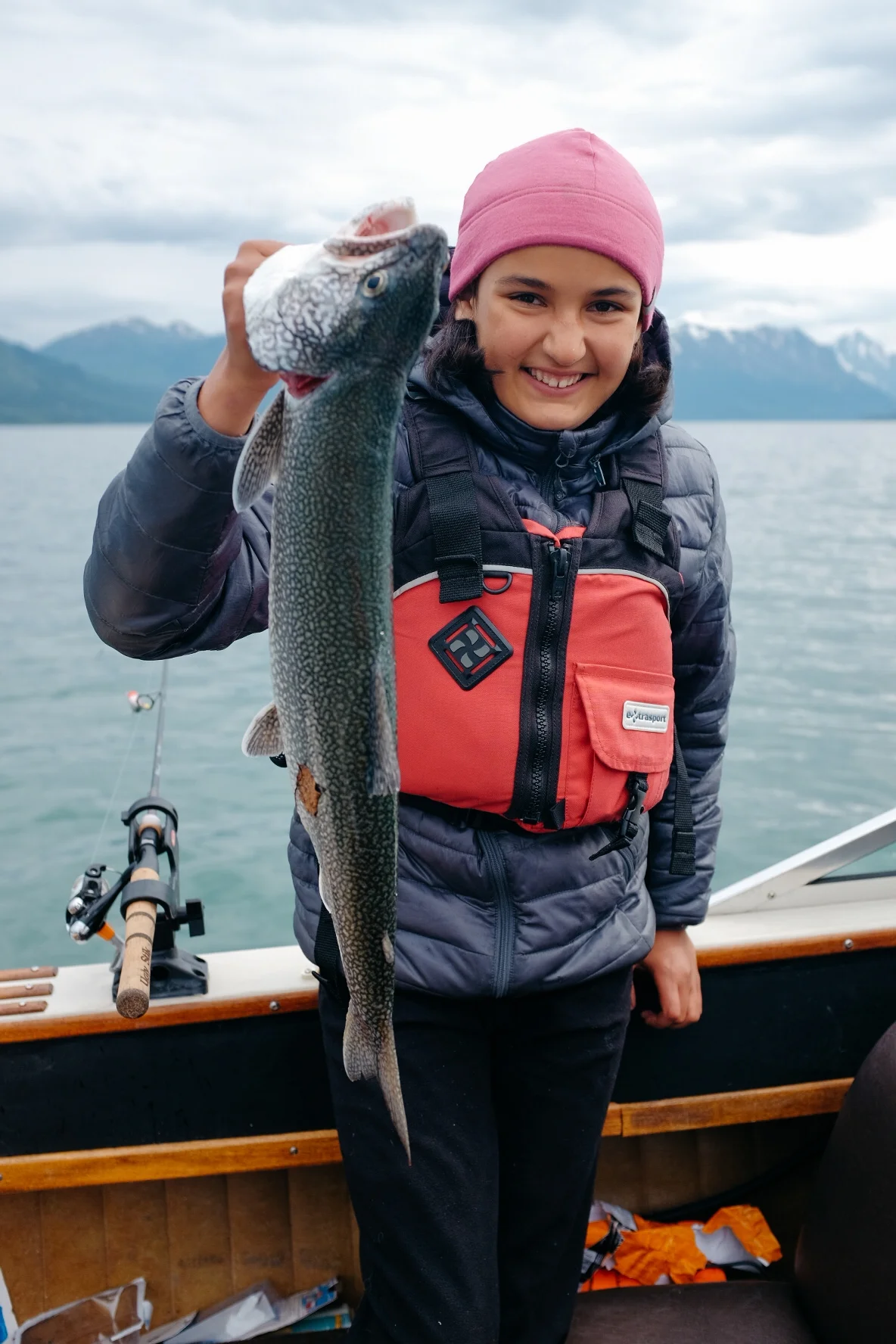 Her first catch! A beautiful 5 lbs lake trout! She got a second one that was a little smaller!