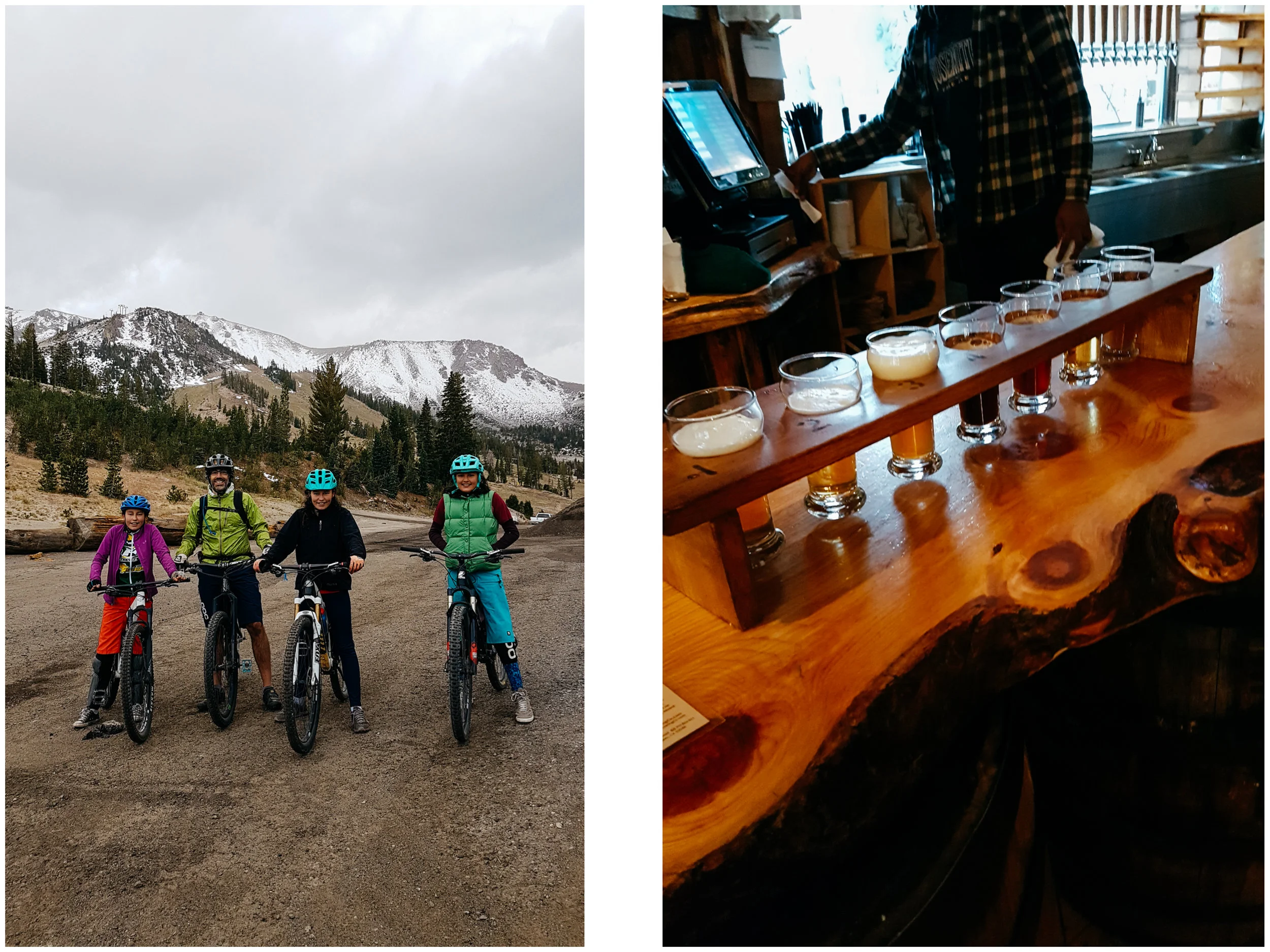 We rode many times at Mammoth Mountain even if the bike park was officially closed for the season (no lifts), the trails remained open. It is at 9,000 feet in altitude and it was pretty cold. That's the day it was 3 degrees C (35 F). We ended our day at the Mammoth Brewery. Delicious beer and food. Don't miss it if you are in the area.