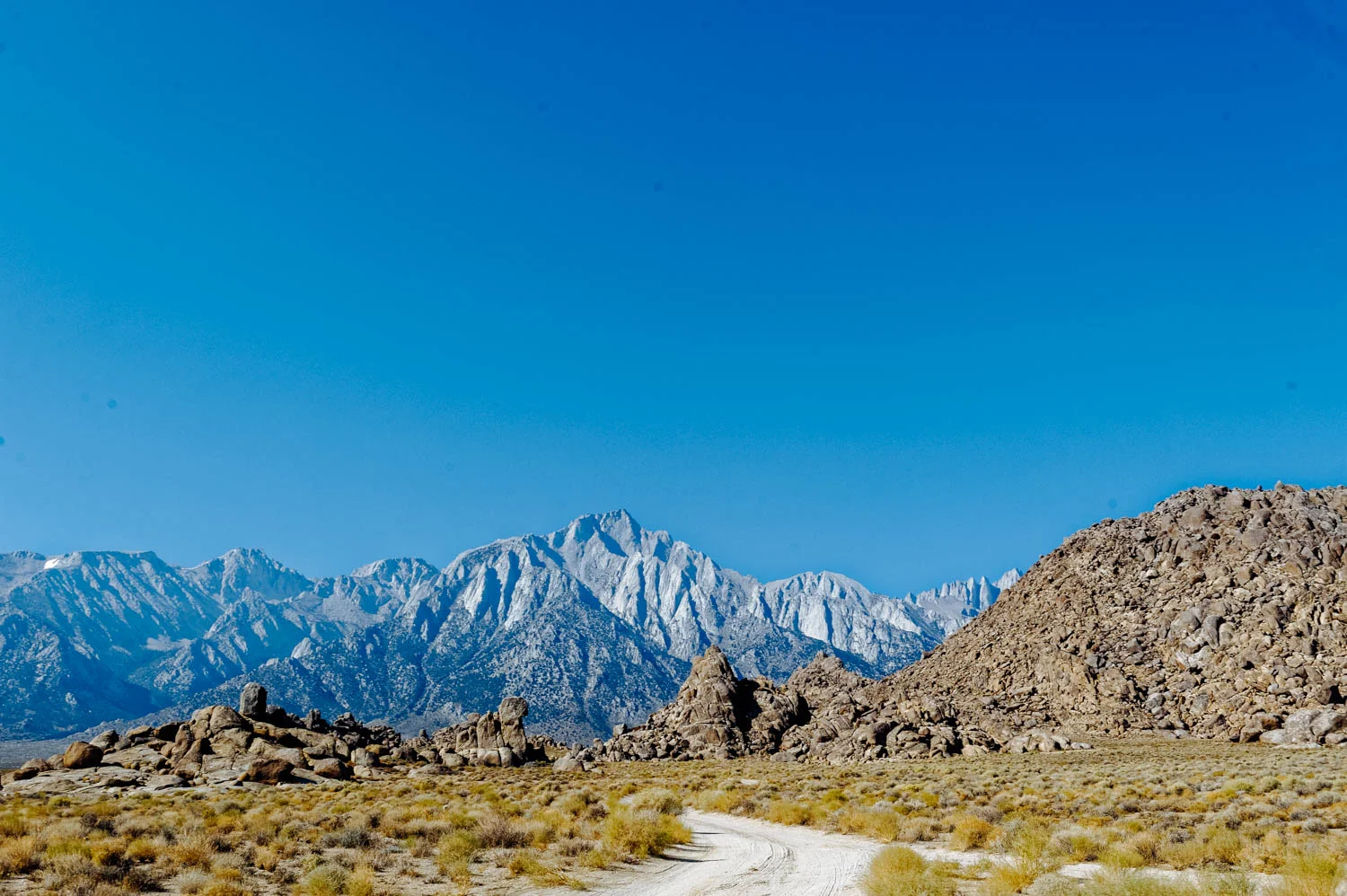 The Sierras (and Mt. Whitney) looming just behind the Alabama Hills.
