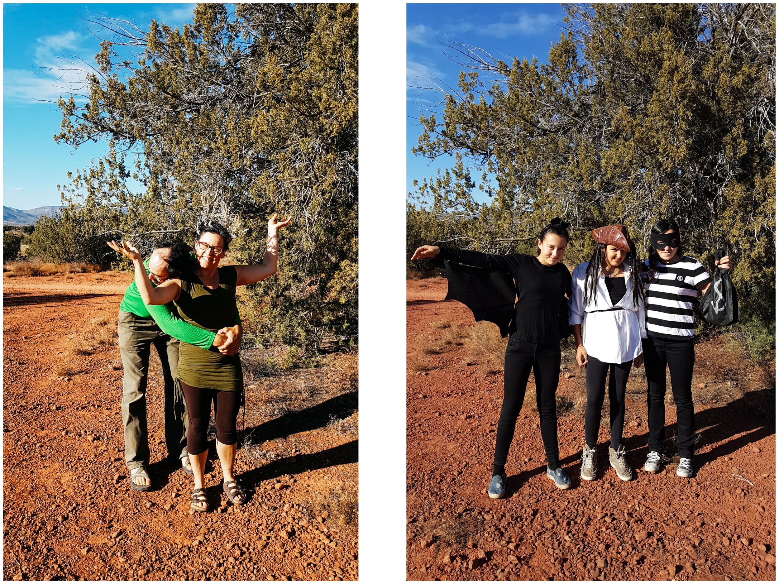 We celebrated Halloween in Sedona. I was a tree (and JF a tree hugger) and the girls were a bat, a pirate and a jail escapee who had just robbed a bank.