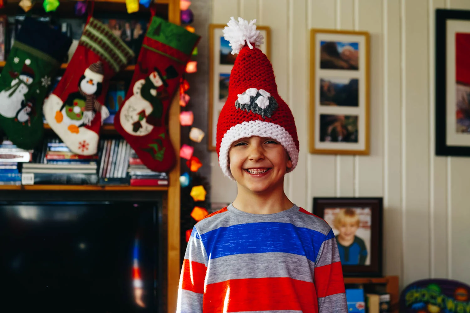 Rafael sporting a Christmas Paw Patrol hat the girls made