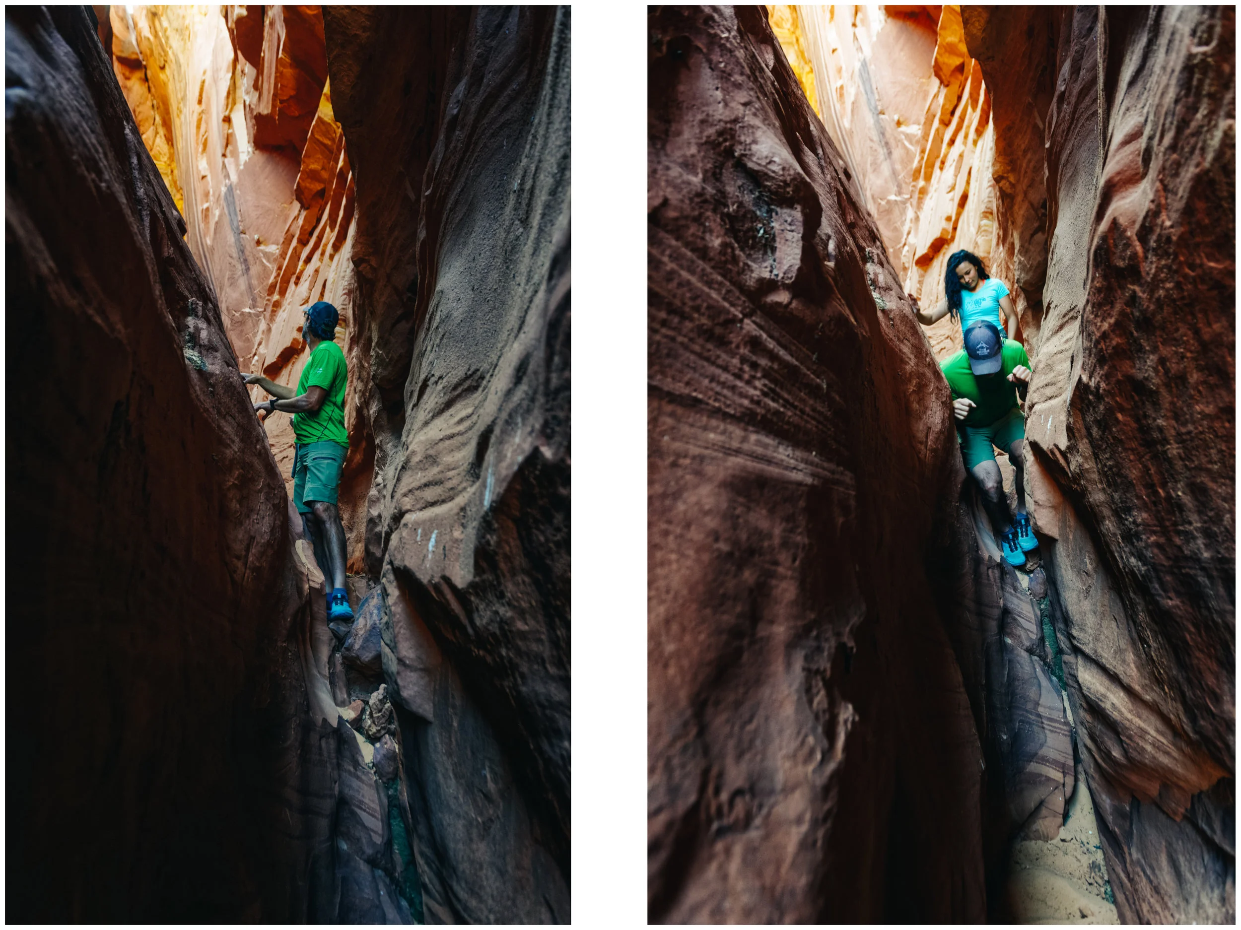 JF using his elbows to slowly get down this steep section of the side canyon.