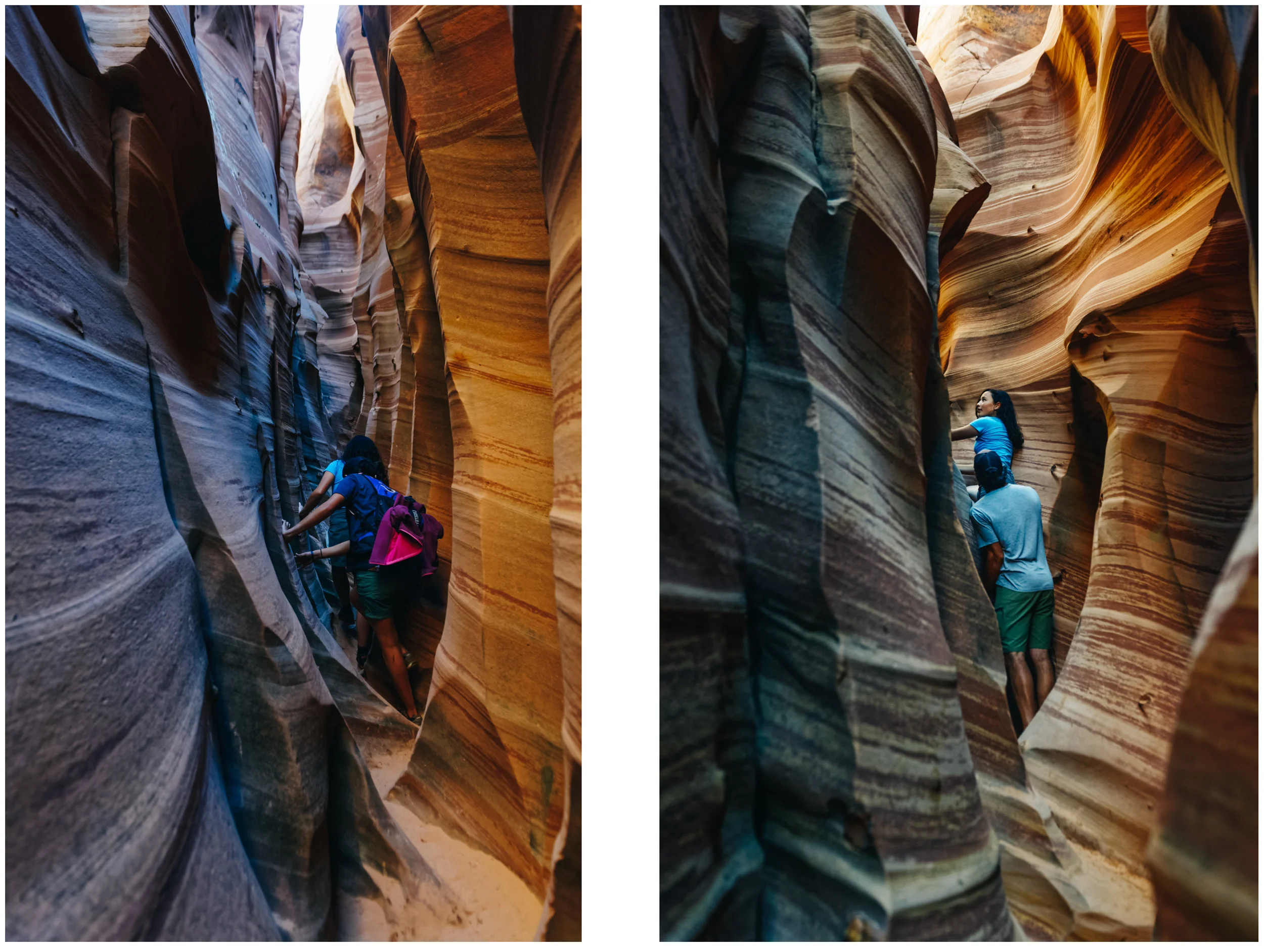Left: int the narrowest and most beautiful part of Zebra Canyon. Right: JF helps Mara down a steep section.
