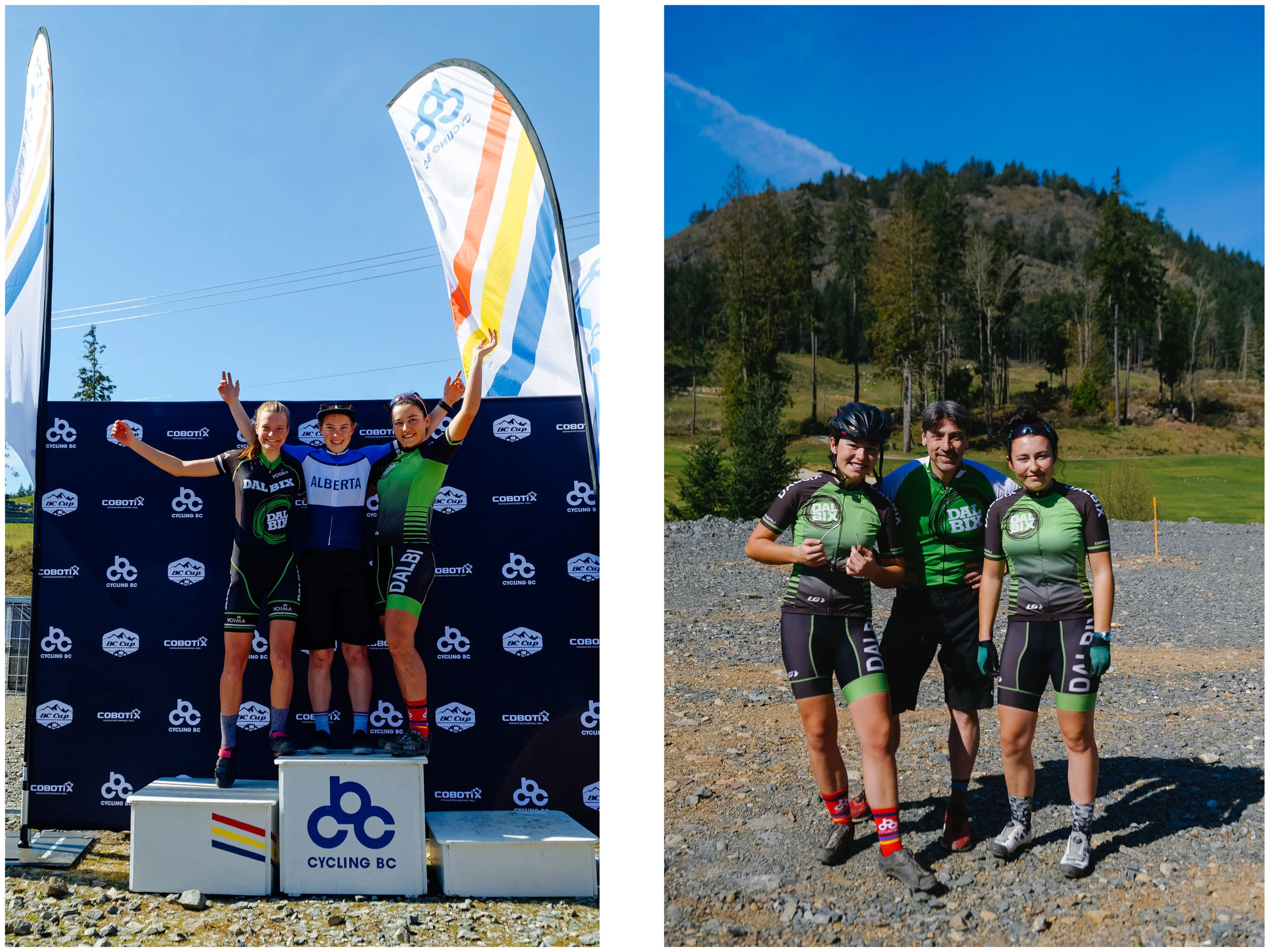 Left: Mara sharing the short-track podium with one of her teammate from Dalbix. Right: Mara and Aïsha with their wonderful coach who has been training them from afar since December.