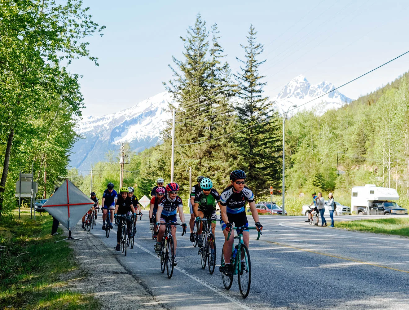 The start of the hill climb on Sunday morning in the green and lush Coastal forest of Skagway, AK.