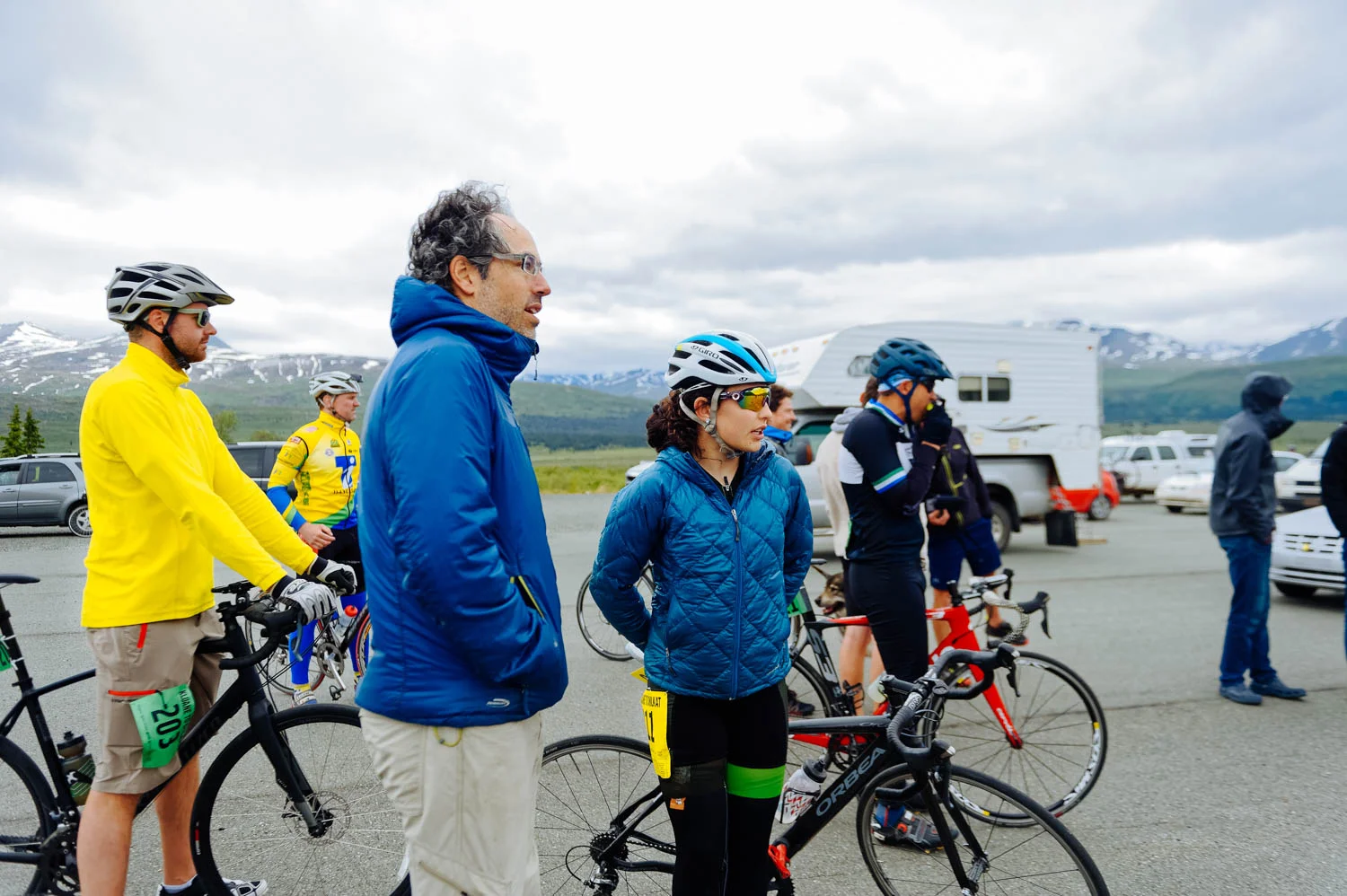 Waiting for Noah to finish Leg 4 at the Haines Summit. Cold and windy. Even in June.