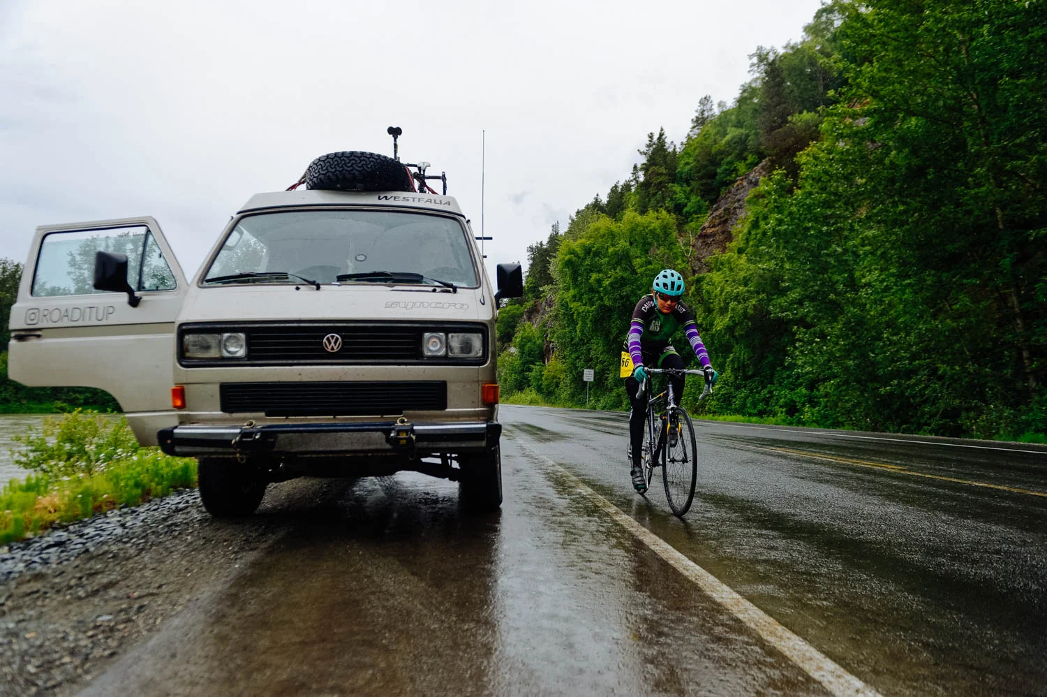 It rained for her leg, but she was zooming through it, passing lots of people.