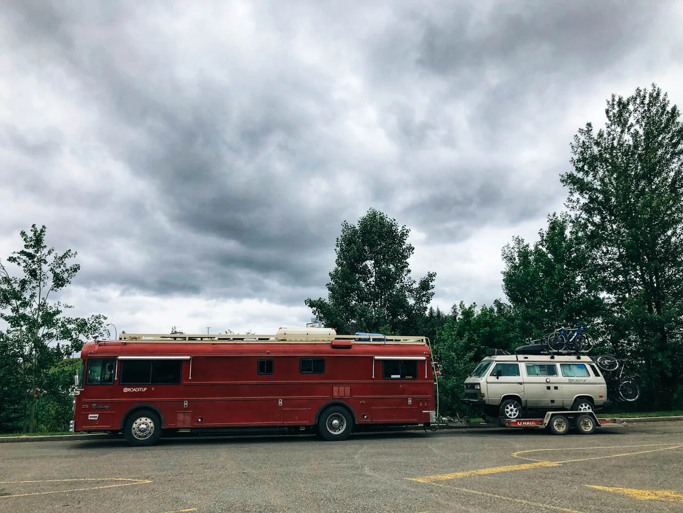 Leaving Burns Lake pulling our broken Westy on a U-Haul platform, still unsure where we will be able to get it fixed and even less when…