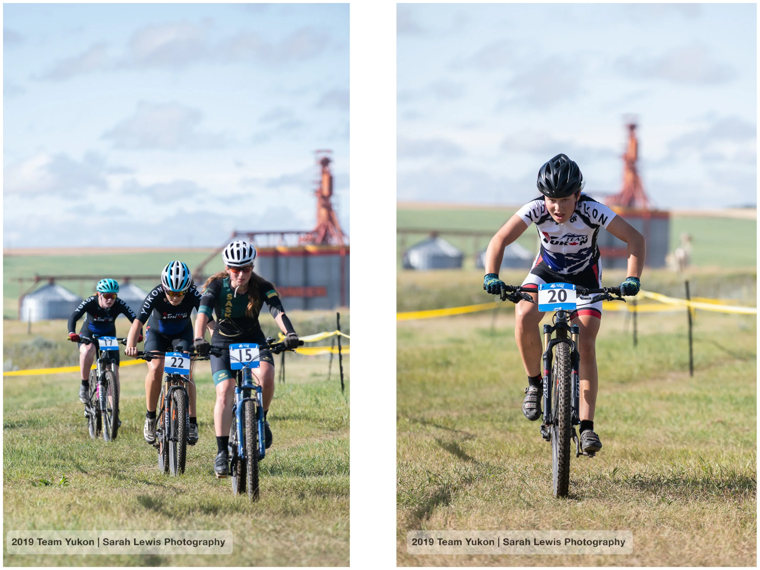 Aïsha (middle), pushing hard to finish 8th on 21 racers. Mara on the right. I love that we see the grain elevator at the back, so Saskatchewan!