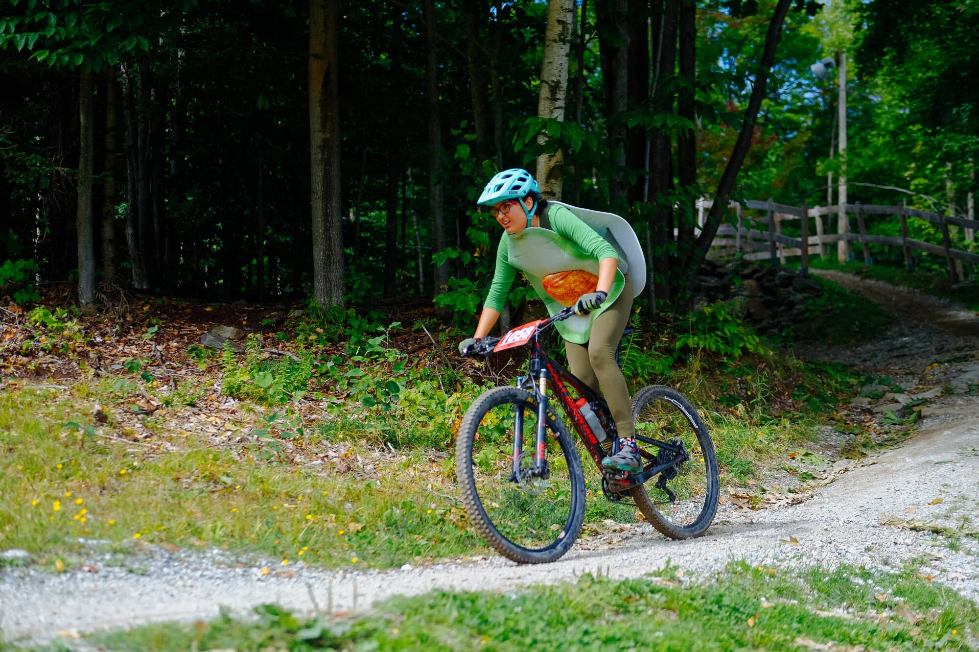 The last race of the season is a dress-up race. Mathilde was an avocado! Super aerodynamic.