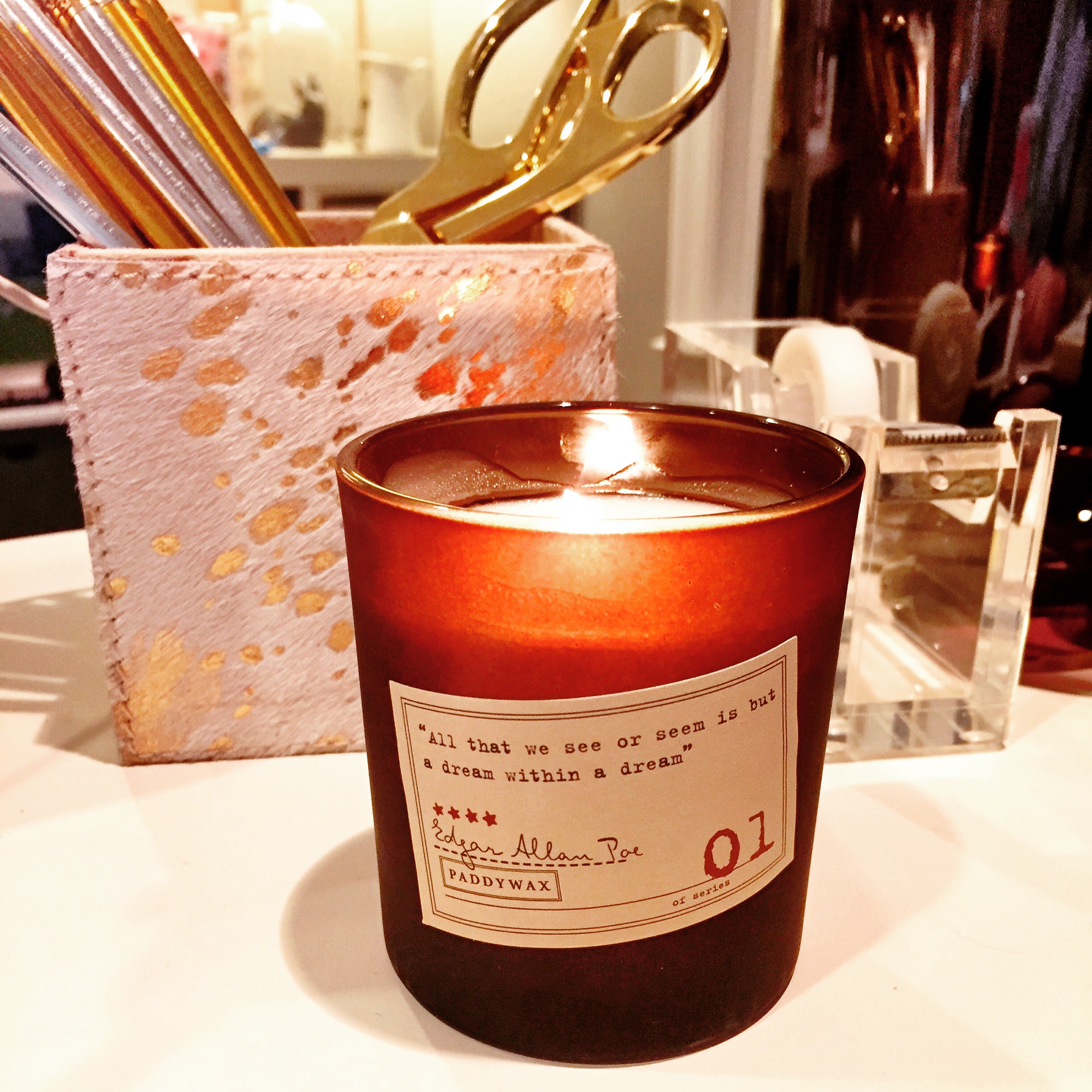 A new Paddywax soy candle now graces my desk. The scent: Cardamom, Absinthe, Sandalwood