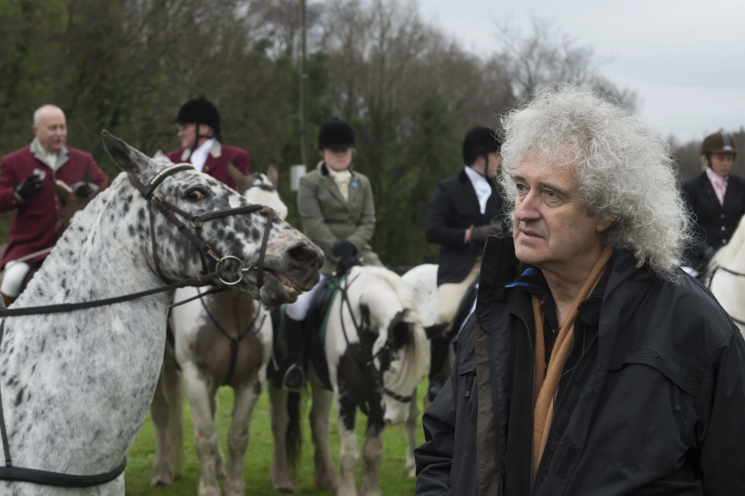 Brian May attends the Three Counties Bloodhounds meeting in Birchgrove, Swansea, to witness first-hand the legal side of recreational hunting. Brian May has opposed Government attempts to repeal the The Hunting Act of 2004.