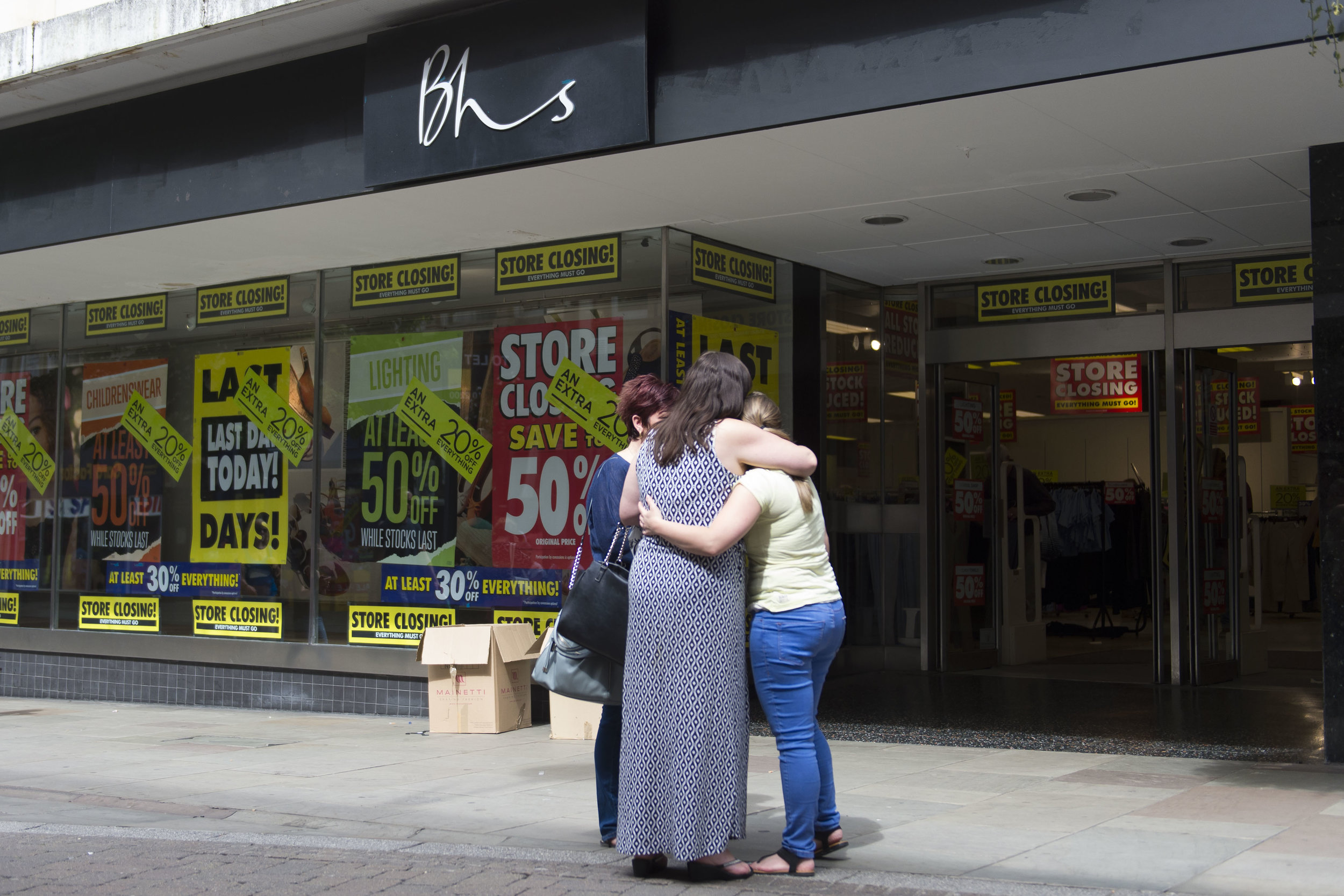  NEWPORT, WALES - JULY 23: Closure of the BHS (British Home Stores) store on Commercial Street on July 23, 2016 in Newport, Wales. The store is one of 20 stores across the UK to close today. The collapse of BHS put 11,000 UK jobs at risk and left a £