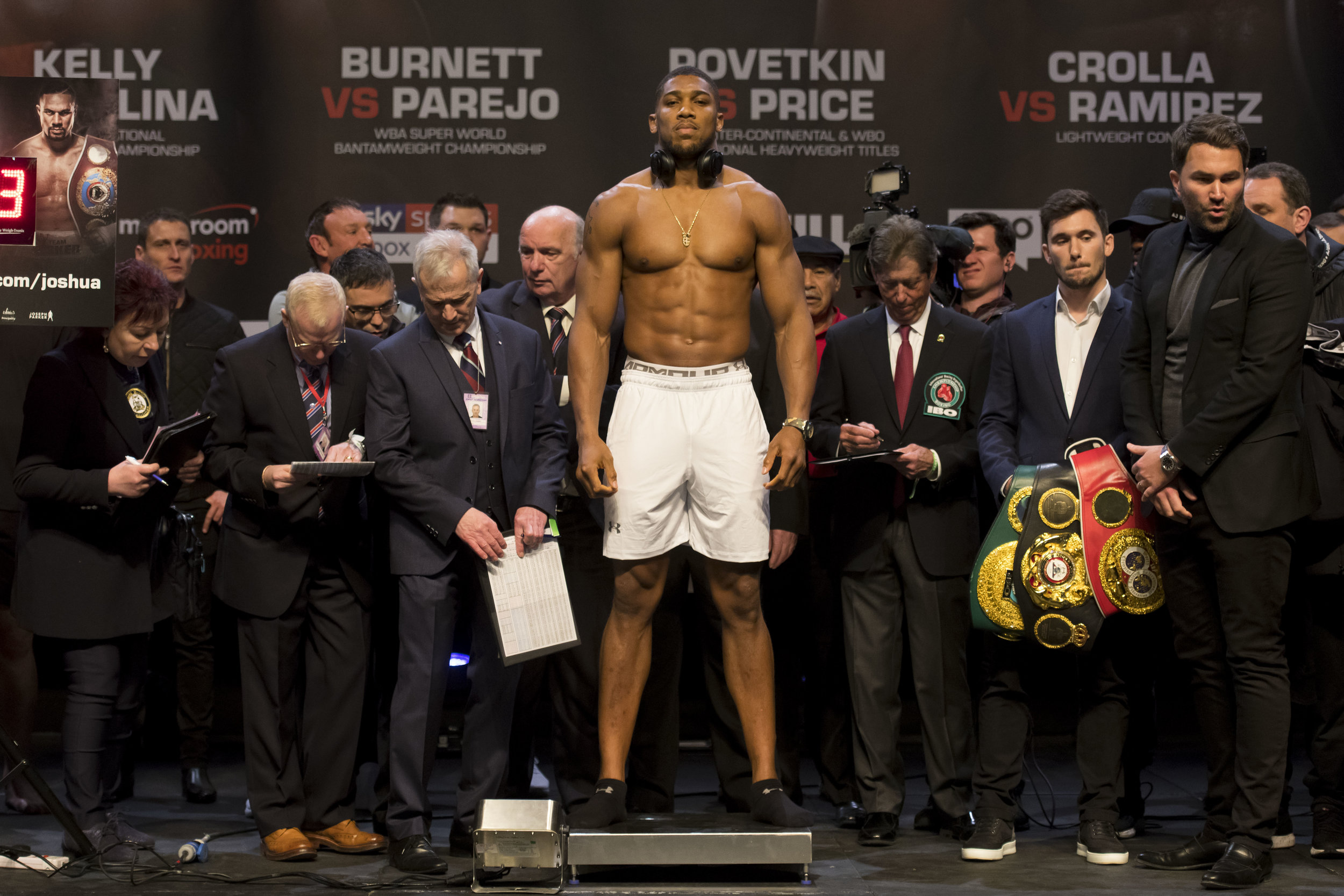  CARDIFF, WALES - MARCH 30: Anthony Joshua during the weigh-in at the Motorpoint Arena on March 30, 2018 in Cardiff, Wales. Anthony Joshua will fight Joseph Parker in a heavyweight unification match at the Principality Stadium in Cardiff on March 31.