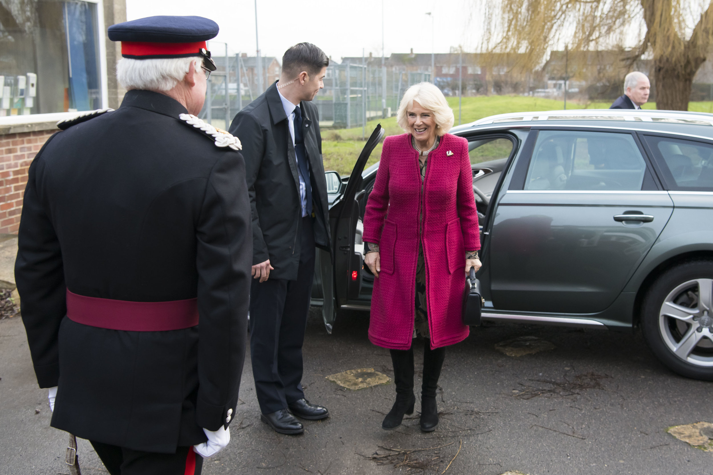  SWINDON, ENGLAND - JANUARY 24: The Duchess of Cornwall, Patron of the National Literacy Trust, arrives at the Lyndhurst Centre where she met foster carers and children on January 24, 2019 in Swindon, England. The Lyndhurst Centre is the Swindon offi