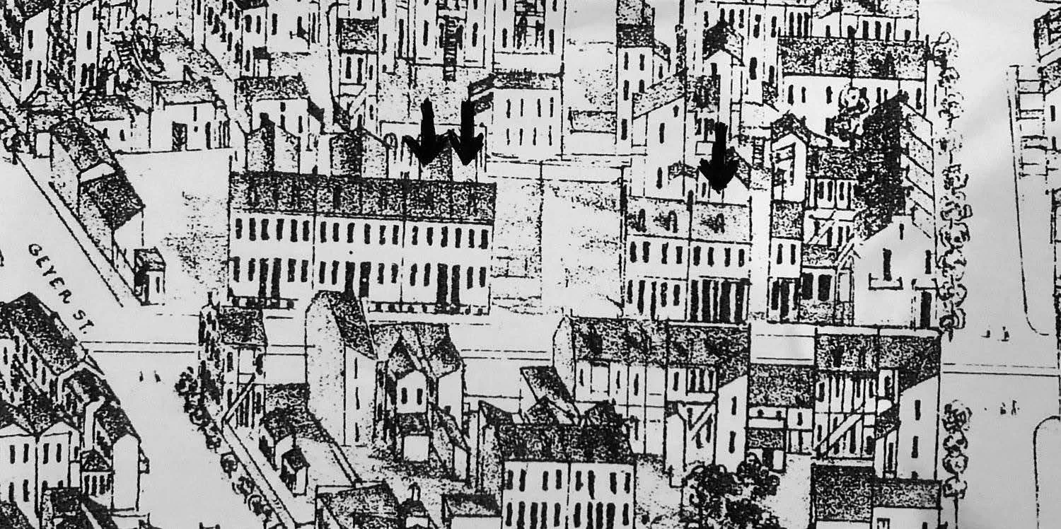detail from the 1875 Compton and dry book, showing the 1800 block of s. 7th street. all the houses east of 7th (bottom of the drawing) were demolished when 7th was wid- ened in the 1950s. the arrows indicate the survivors on the west side of the street.