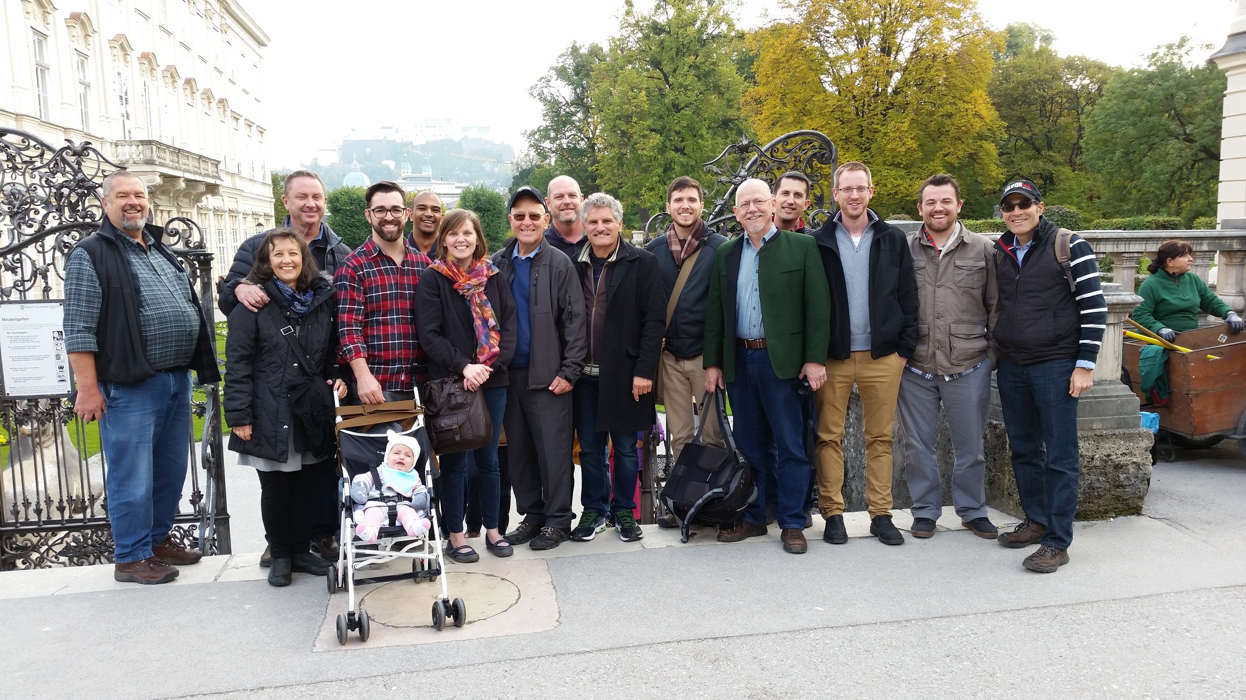 The majority of conference attendees at Mirabell Gardens during a day trip to Salzburg, Austria.