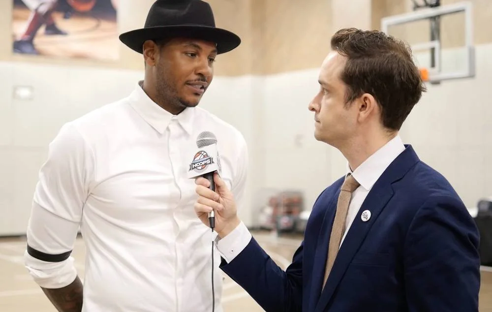 Nelson interviewing NBA star Carmelo Anthony at LIFE TIME at SKY Grand Opening in New York City in June 2016.