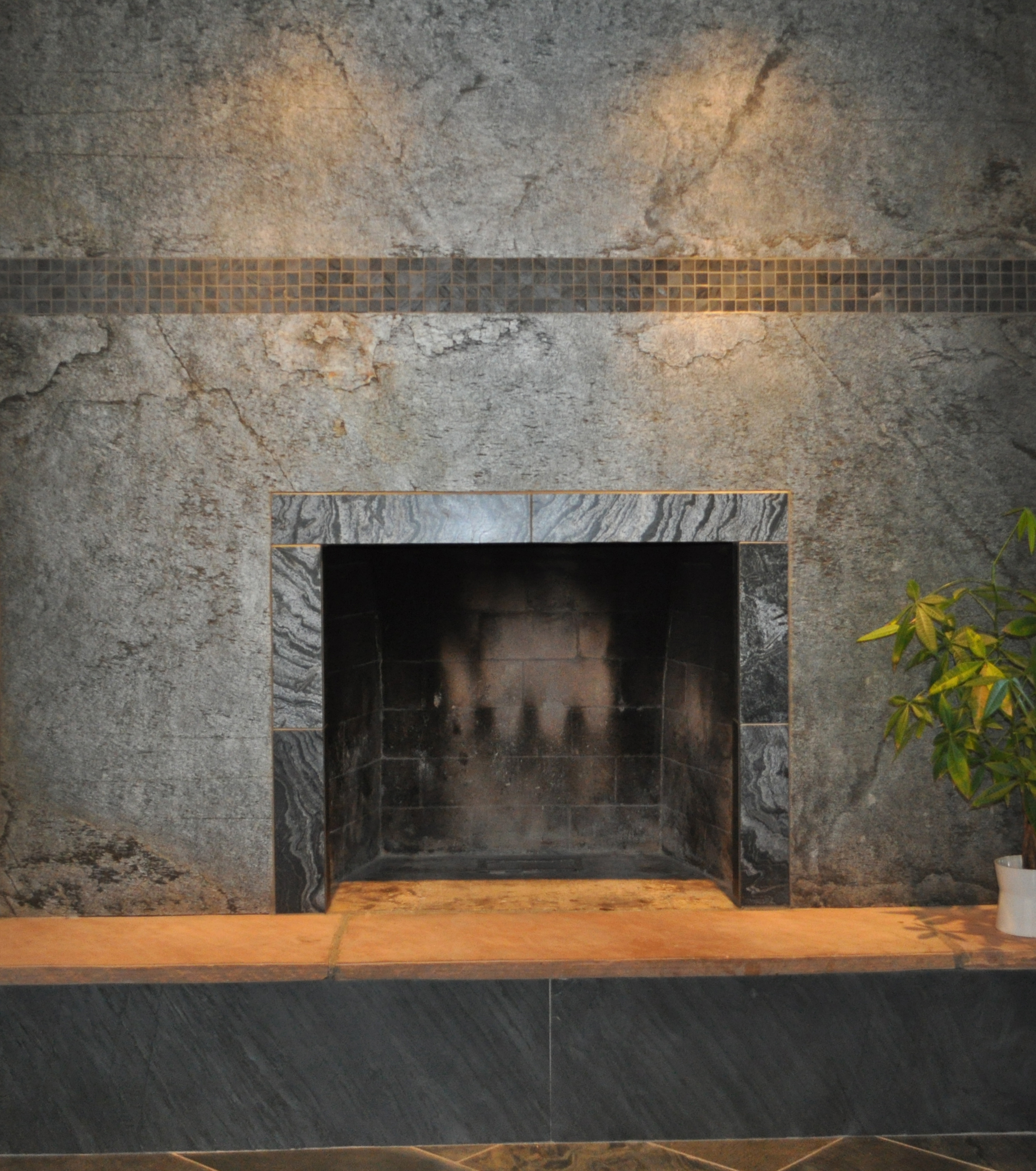  Silver Shine TXTR-LITE Flexible Stone Veneer and Ocean Black Mosaic Fireplace Surround 