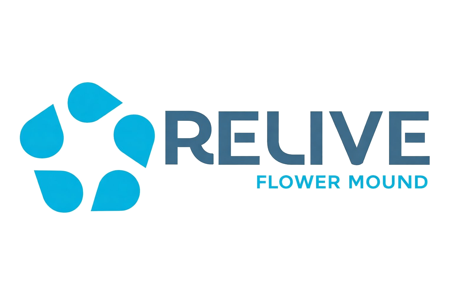 Logo with blue geometric flower shapes and text 'RELUVE' and smaller text 'FLOWER MOUND'.