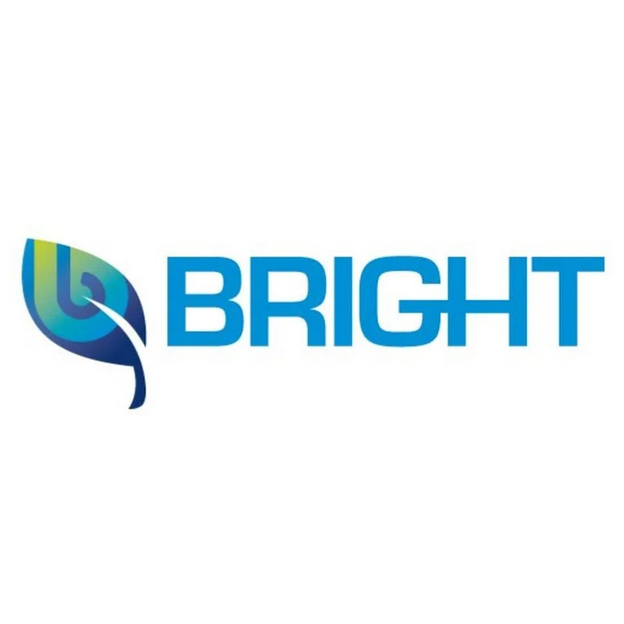 Logo with a stylized leaf and the word BRIGHT in blue.