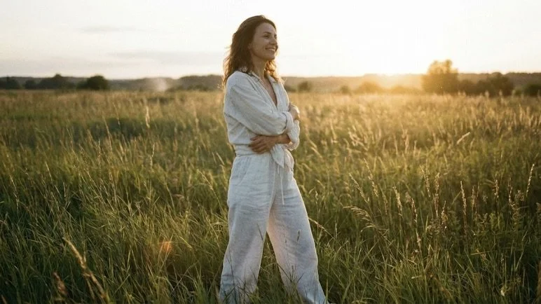 Eine entspannte Frau im weißen Anzug steht in einem Kornfeld. Das Bild symbolisiert das natürliche Sättigungsgefühl und die Leichtigkeit nach der Überwindung von Heißhunger durch Hypnose.