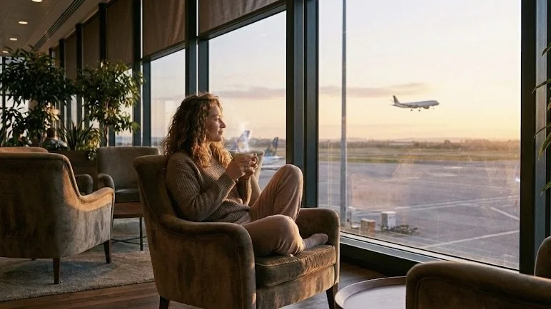 Eine Frau sitzt entspannt mit einer Tasse Tee in einer Flughafen-Lounge und schaut lächelnd auf ein startendes Flugzeug. Symbol für entspanntes Reisen nach einer Hypnose gegen Flugangst.