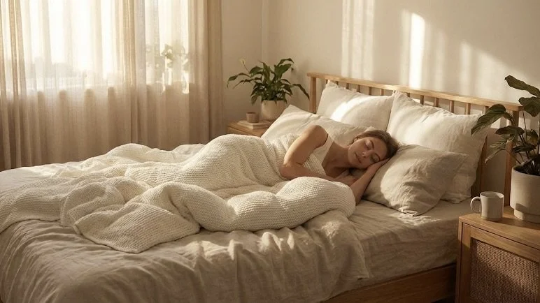 Eine Frau liegt morgens entspannt und erholt in ihrem Bett, eingekuschelt in eine weiße Decke. Symbol für erholsamen Tiefschlaf nach einer Einschlaf-Hypnose.