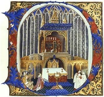 The upper chapel of the Sainte-Chapelle, Paris. Illumination on vellum, signed MB 1837. After f. 83v of the Benedictional, c. 1430, burnt in 1871 (Paris, Musée de Cluny)
