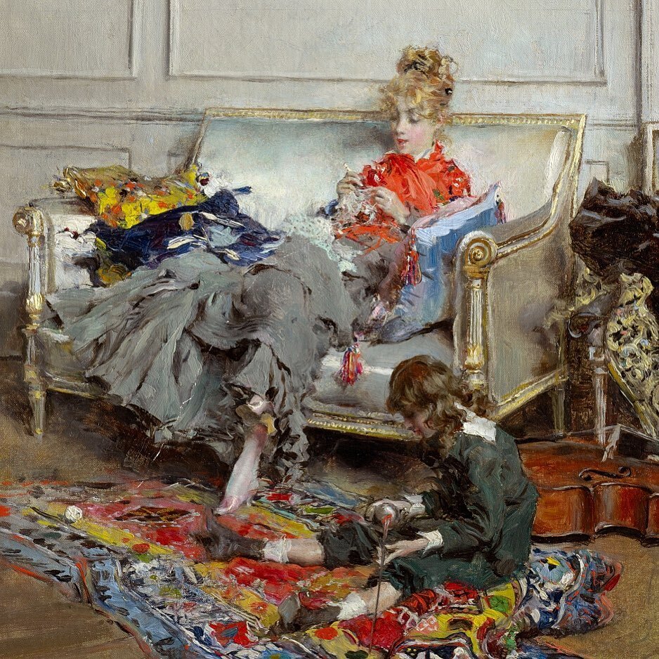 &quot;Young Women Crocheting&quot; (1875), Giovanni Bodini (Italian, 1842-1931), Oil on canvas. Source: The Clark Art Institute, Williamstown.⁠
⁠
***⁠
⁠
&quot;After moving to Paris in 1871, Boldini made many small paintings intended to appeal to coll