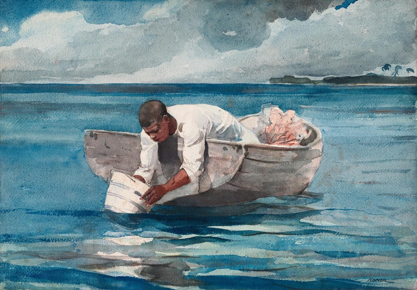&quot;The Water Fan&quot;, (1898-1899), Winslow Homer (American, 1836-1910), Watercolor on paper. Source: Art Institute of Chicago. ⁠
⁠
***⁠
⁠
&quot;The Water Fan&quot; depicts a young man intently searching for coral using a glass-bottomed bucket. ⁠